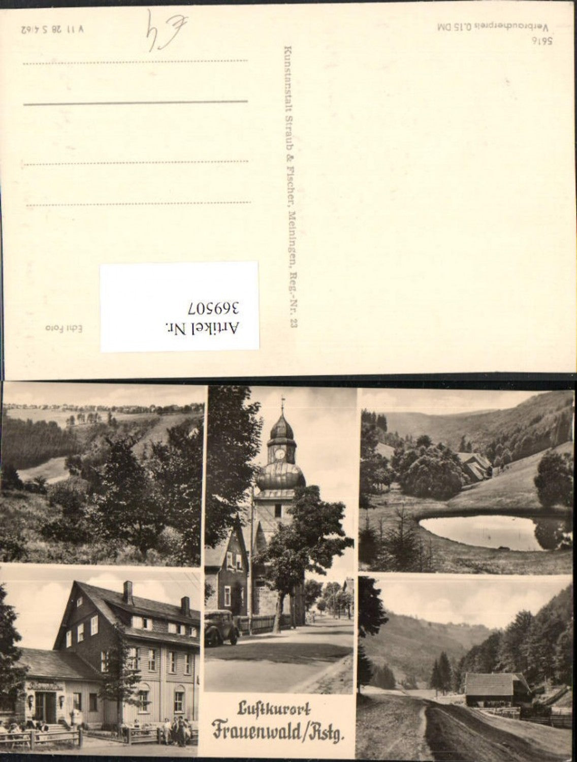 369507, Frauenwald am Rennsteig, Gasthof, Kirche, Teich, multi-view postcard