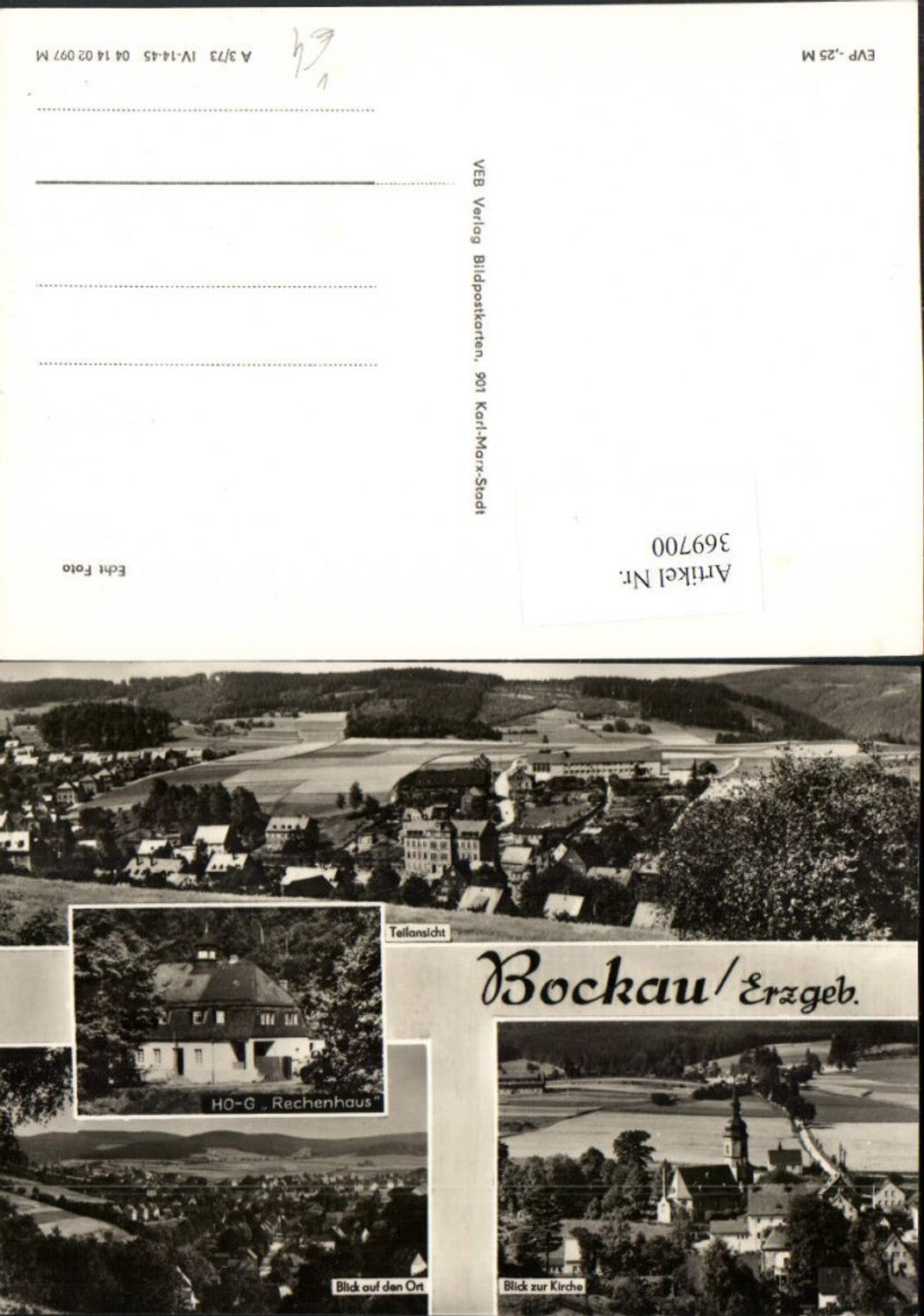 369700,Bockau im Erzgebirge Totale Kirche Rechenhaus Mehrbildkarte pub VEB