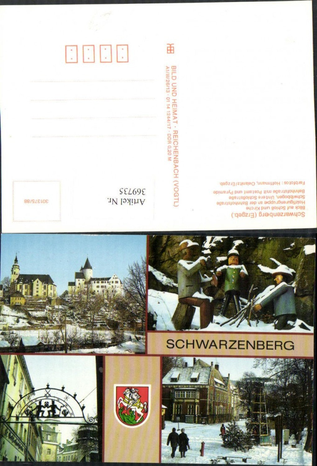 369735,Schwarzenberg Schloss Kirche Holzfiguren Schwibbogen Mehrbildkarte