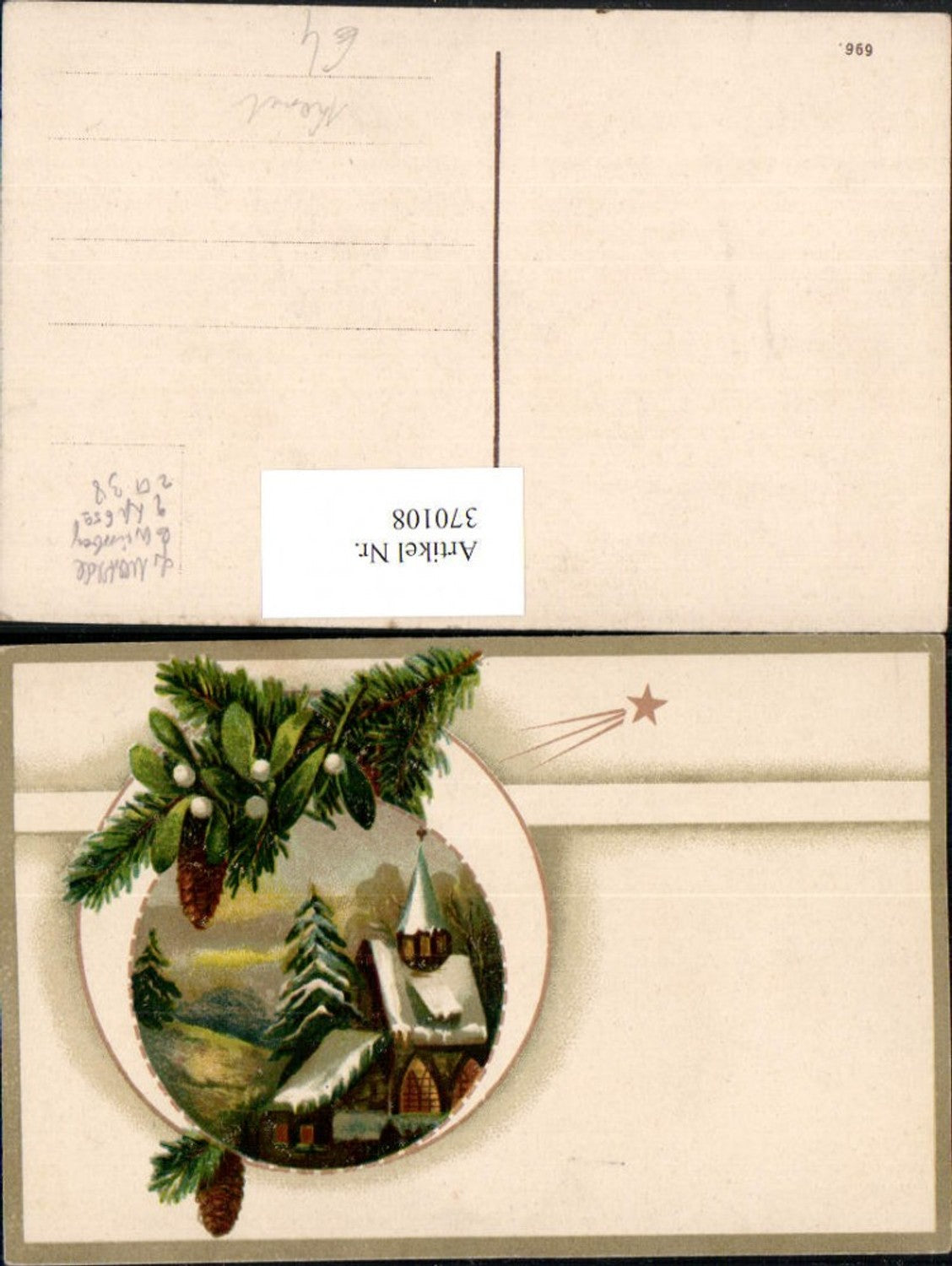 370108,Künstler AK Weihnachten Kirche Passepartout Tannenzweig Zapfen Komet Sternschnuppe