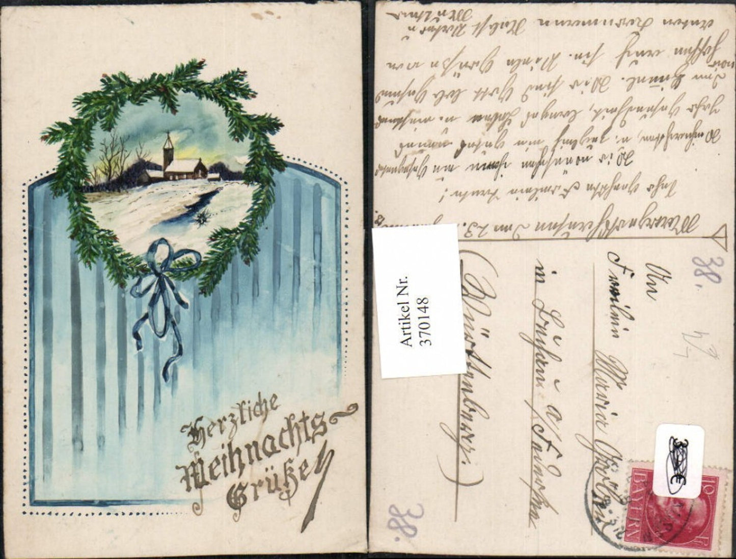370148,Künstler Litho Weihnachten Winterlandschaft Kirche Passepartout Tannenzweige Schleife