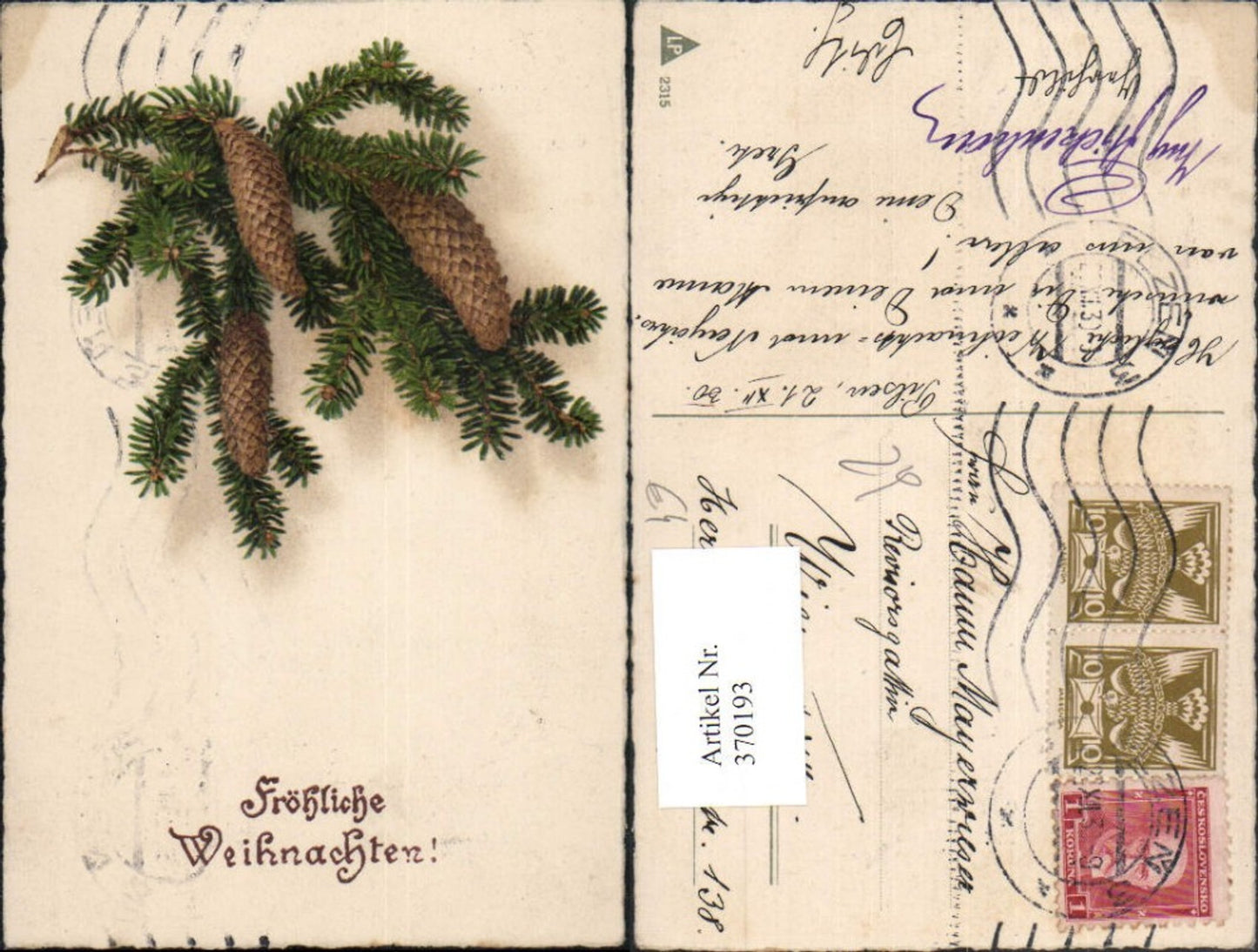 370193,Künstler AK Weihnachten Tannenzweige Zapfen