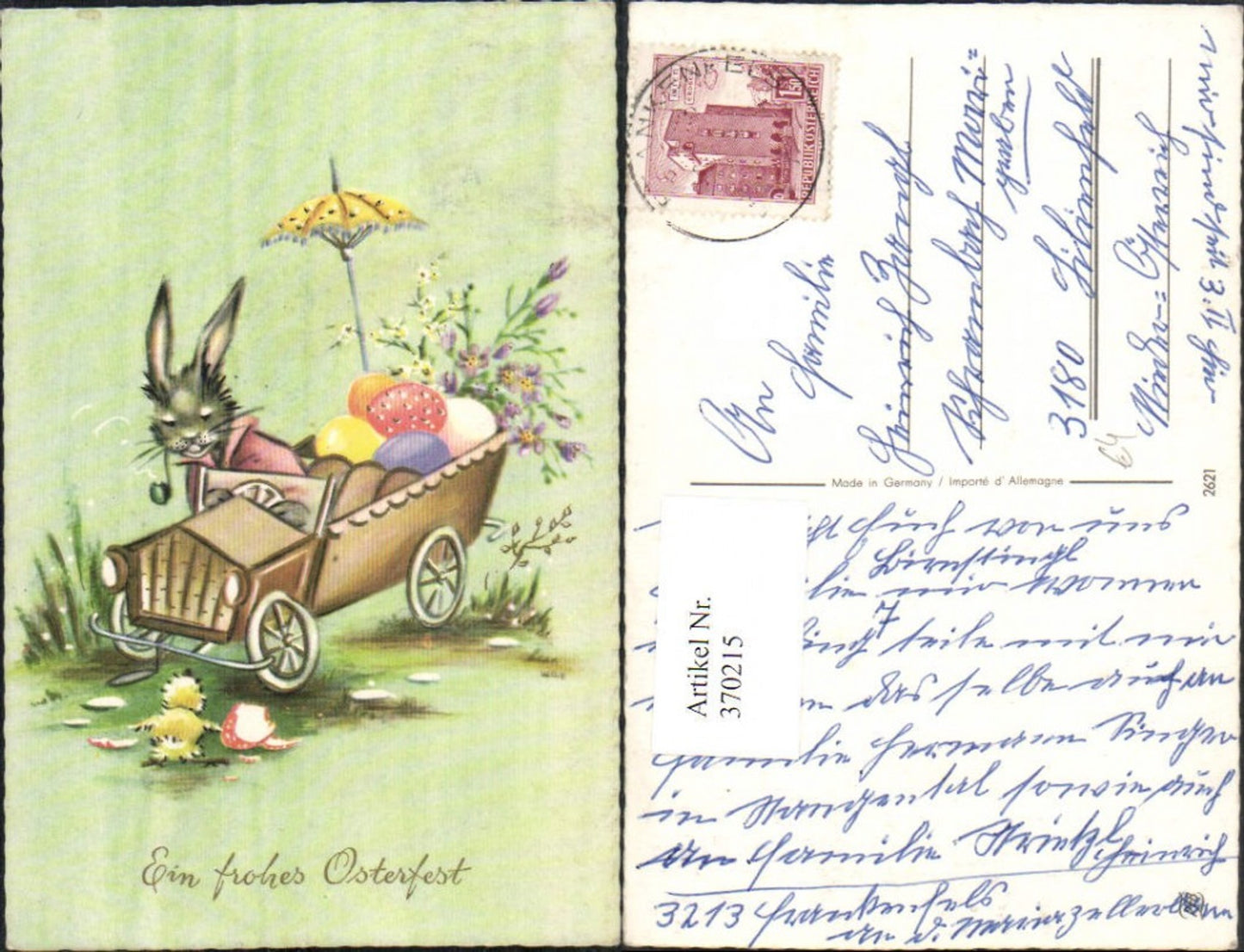 370215, Artist AK Easter bunny anthropomorphized whistle automobile Easter eggs umbrella chick