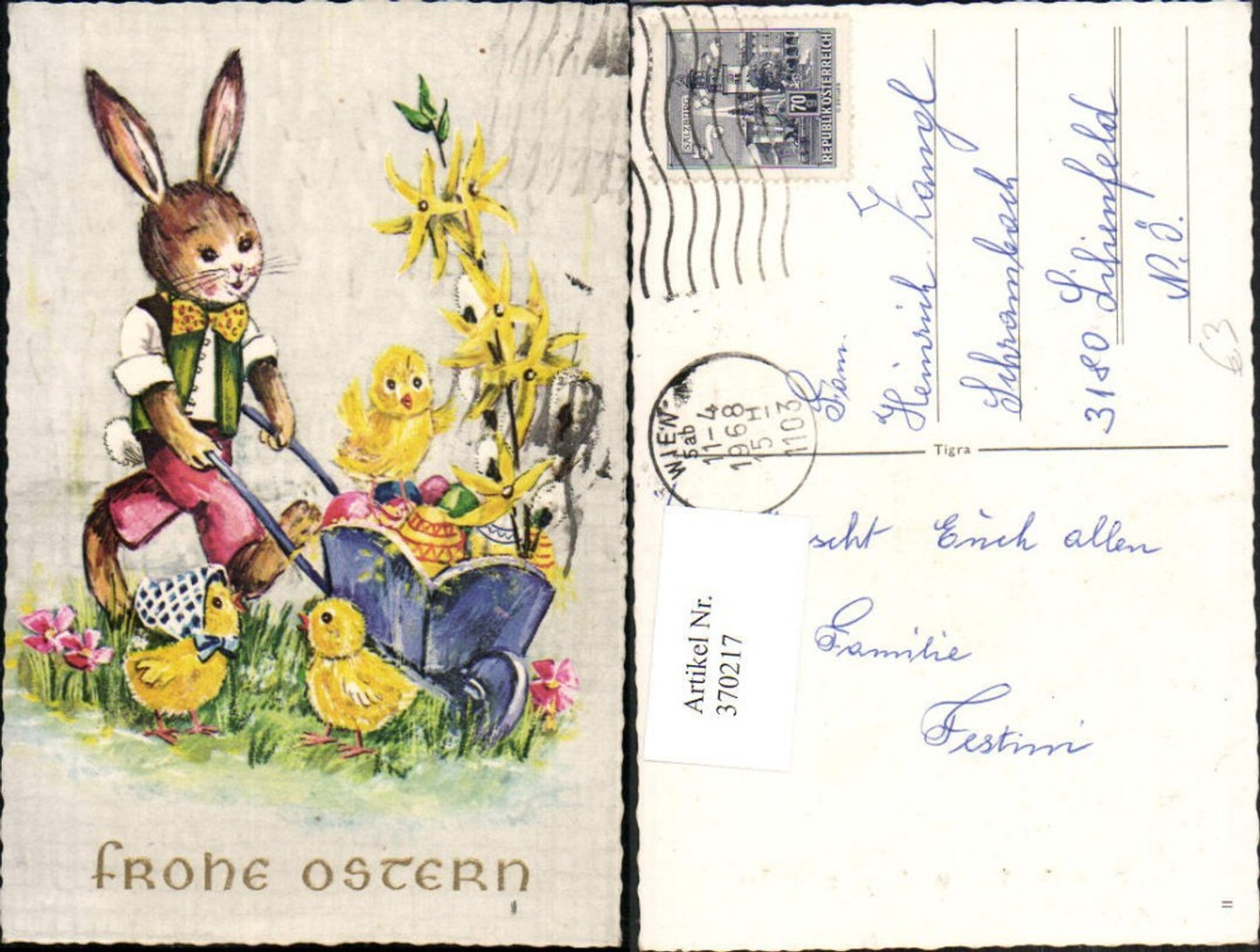 370217, Artist AK Easter bunny anthropomorphized wheelbarrow chick Easter eggs