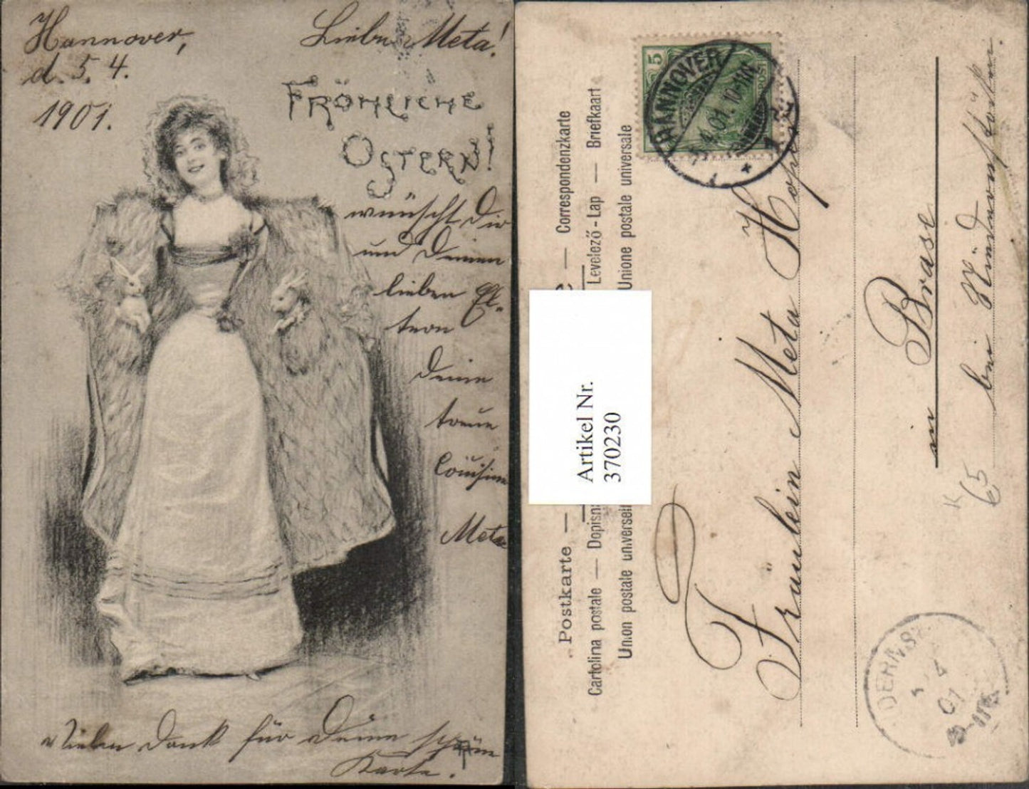 370230,Künstler AK Ostern Frau m. Kleid Mantel Mode Hasen