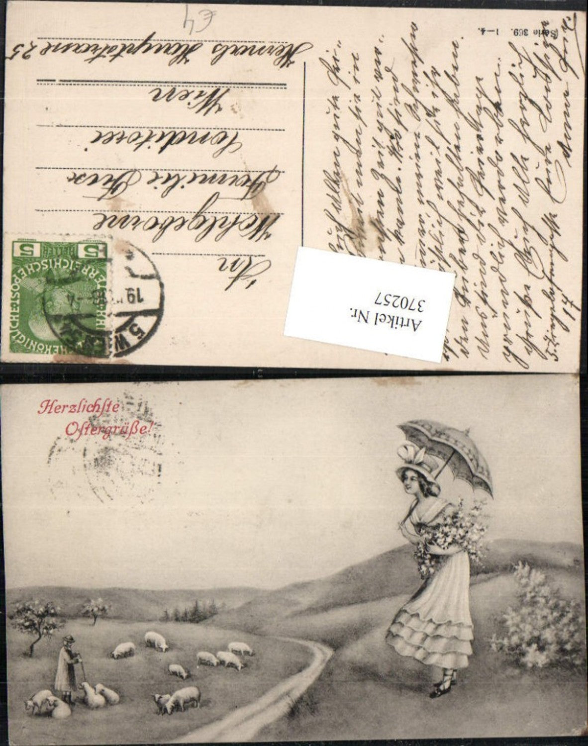 370257, Artist AK Easter Landscape Woman with Hat Dress Parasol Shepherd Sheep
