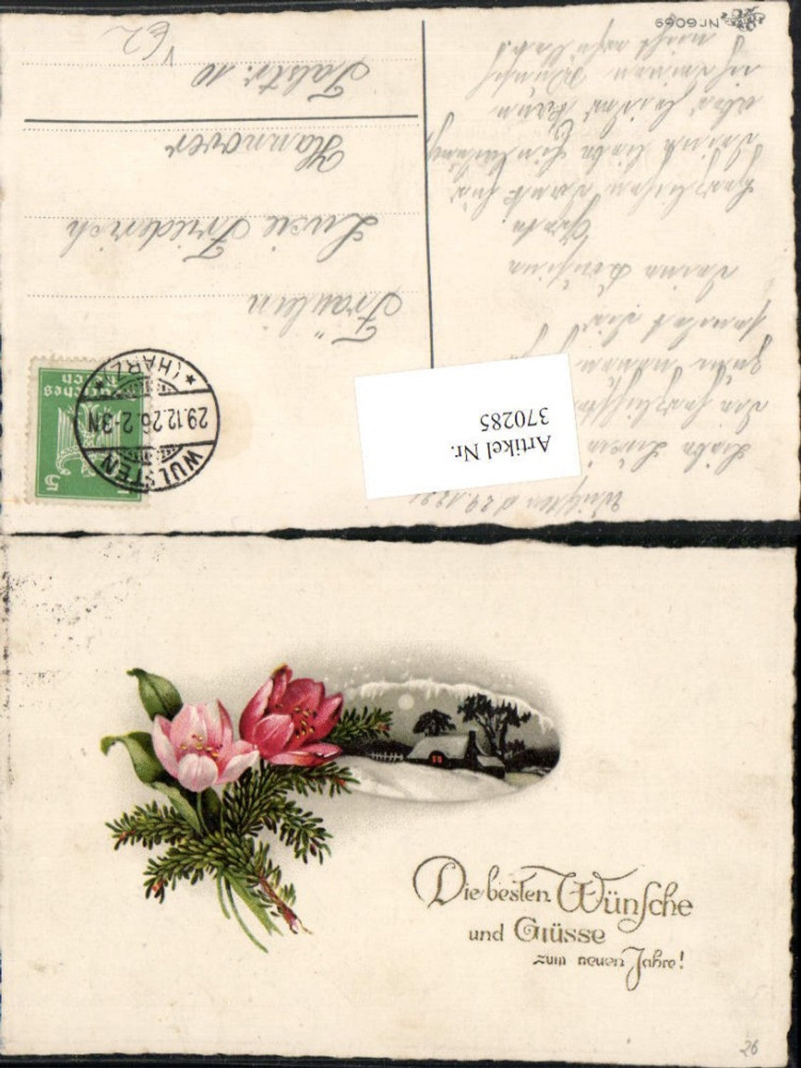 370285,Künstler AK Neujahr Winterlandschaft Haus Passepartout Blumen pub Erika 6069