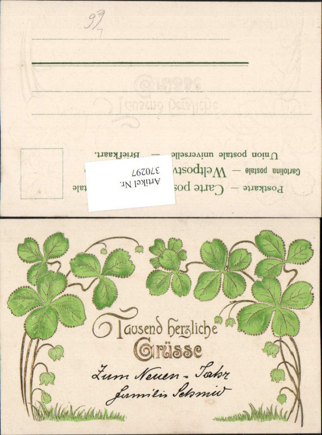 370297,Präge Litho Goldverzierung Neujahr Kleeblätter Klee