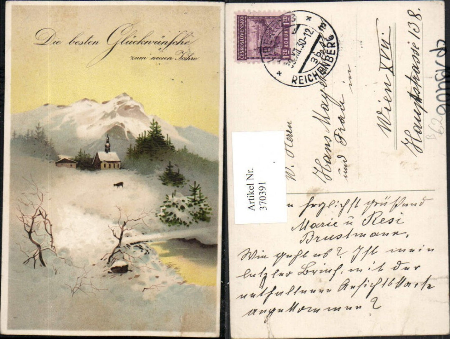 370391,Künstler AK Neujahr Winterlandschaft Kirche Bergkulisse