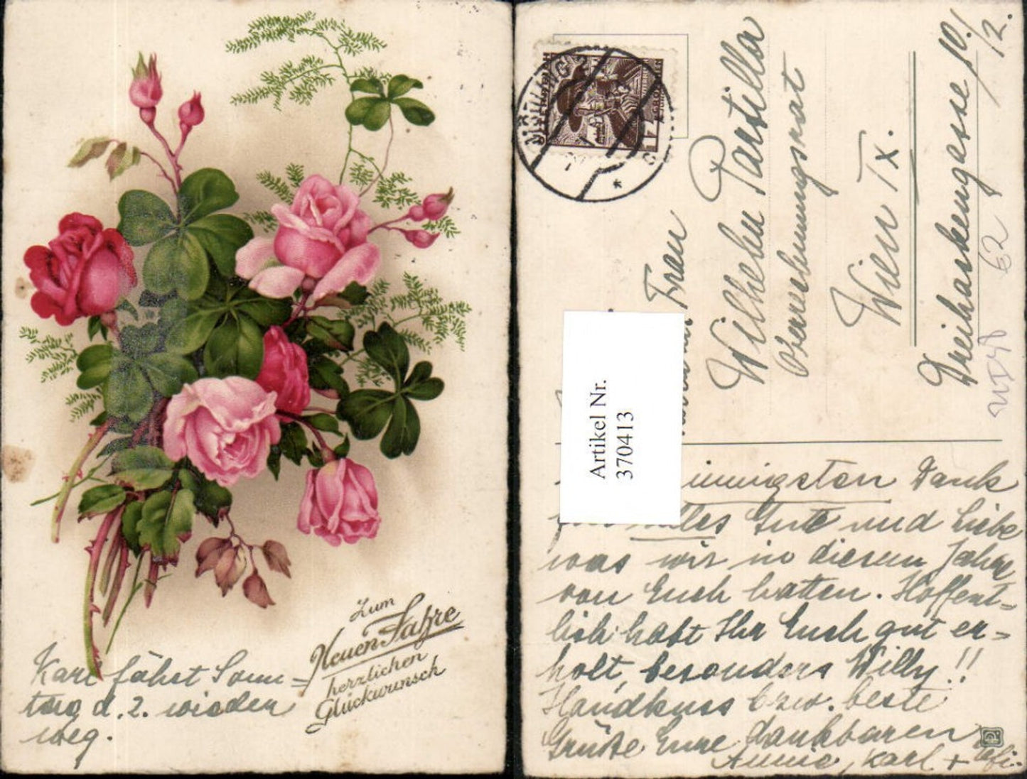 370413,Künstler AK Neujahr Blumenstrauß Rosen Kleeblätter Klee