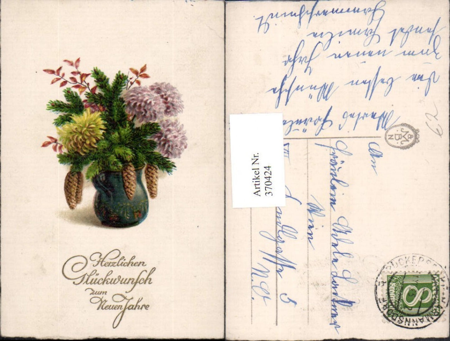 370424,Künstler AK Neujahr Vase Tannenzweige Chrysanthemen Zapfen