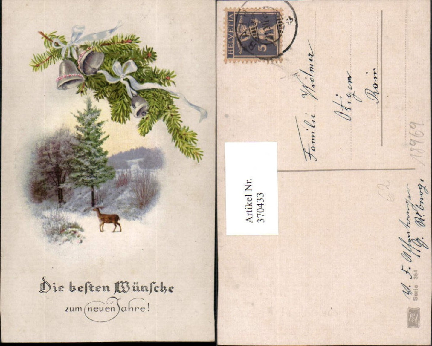 370433,Künstler AK Neujahr Winterlandschaft Reh Tannenzweig Glocken