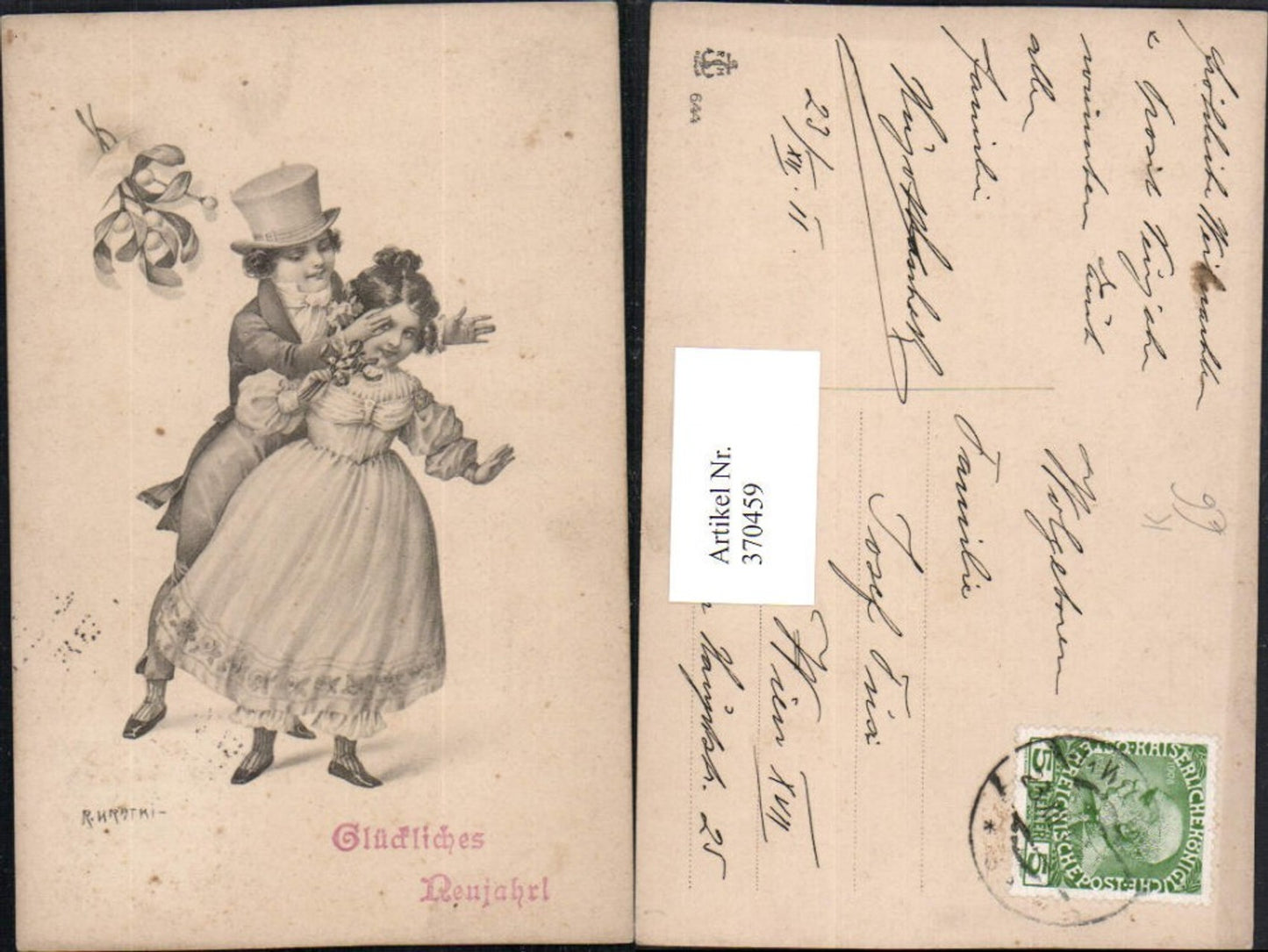 370459,Künstler AK Neujahr R. Kratki Kinder Mädchen m. Kleid Junge m. Zylinder Mistelzweig