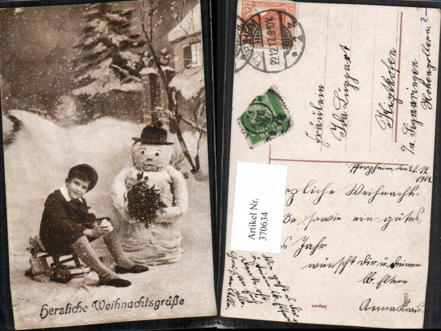 370634, Christmas Snowman Boy Sled Toboggan Gifts