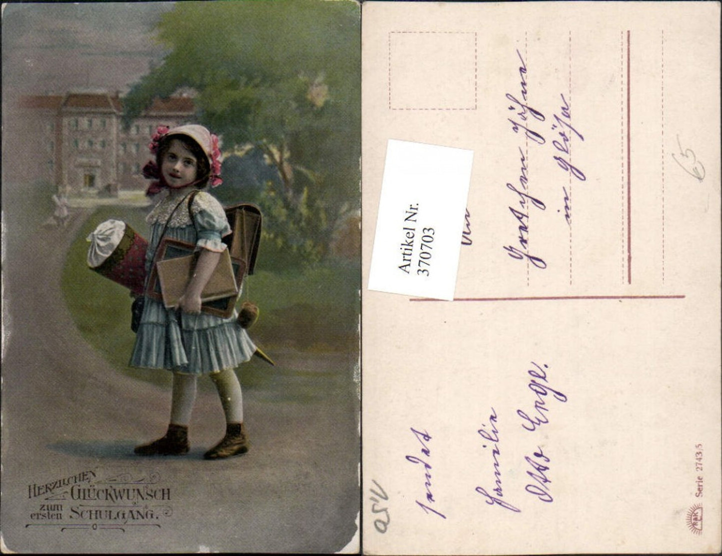 370703, First day of school for girls with bonnet, dress, school bag, schoolbag