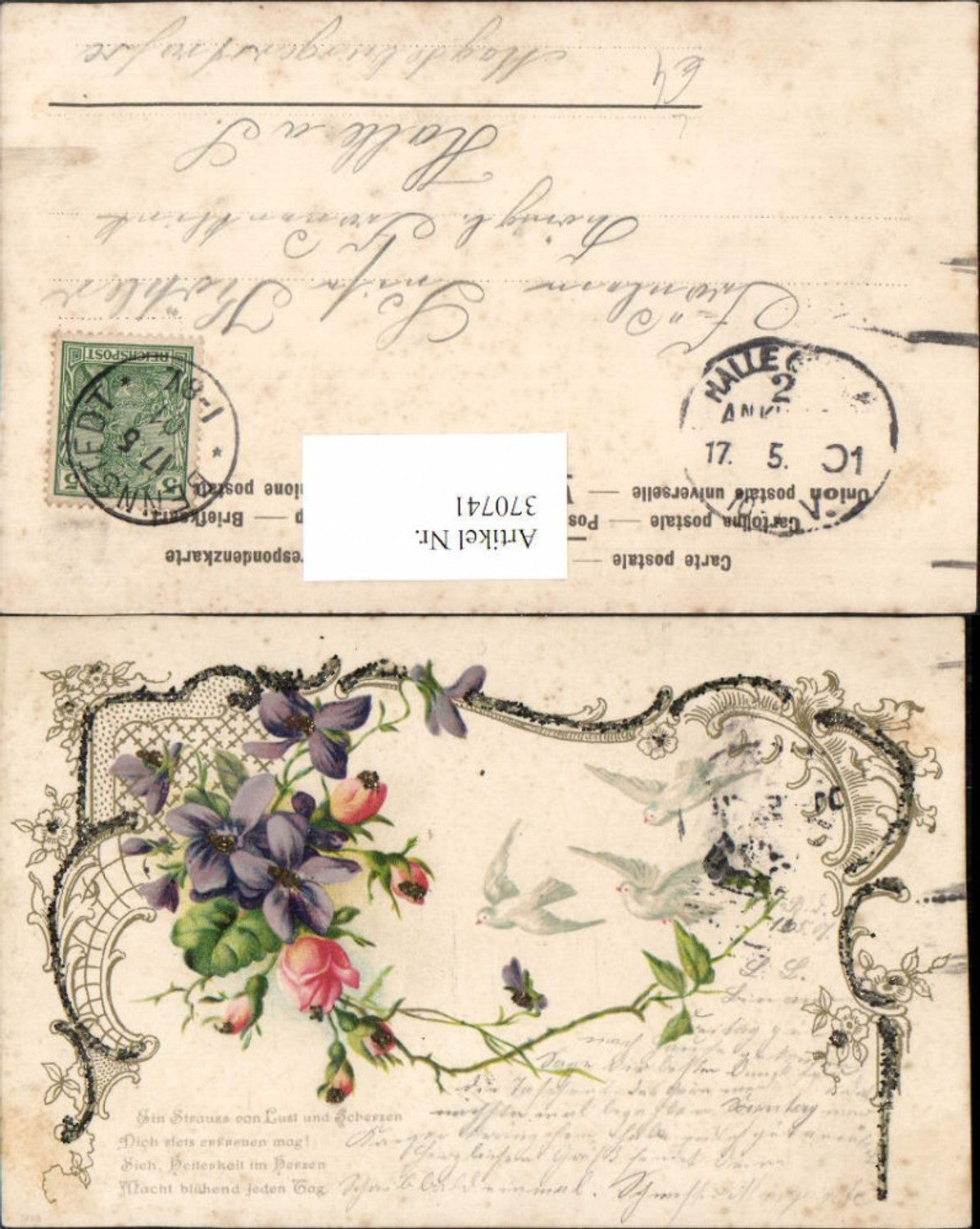 370741,Glitzer Litho AK Spruch Text Tauben Blumen Veilchen Rosen