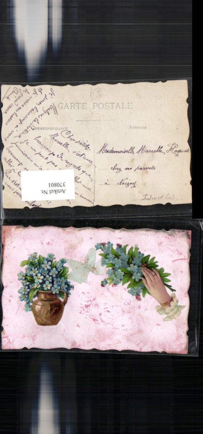 370801,Applikation Hans Blumen Vergissmeinnicht Vase Schleife