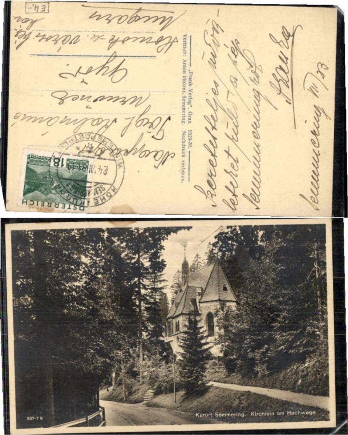 69495,FotoAK Semmering Kirchlein am Hochwege Kapelle 1929