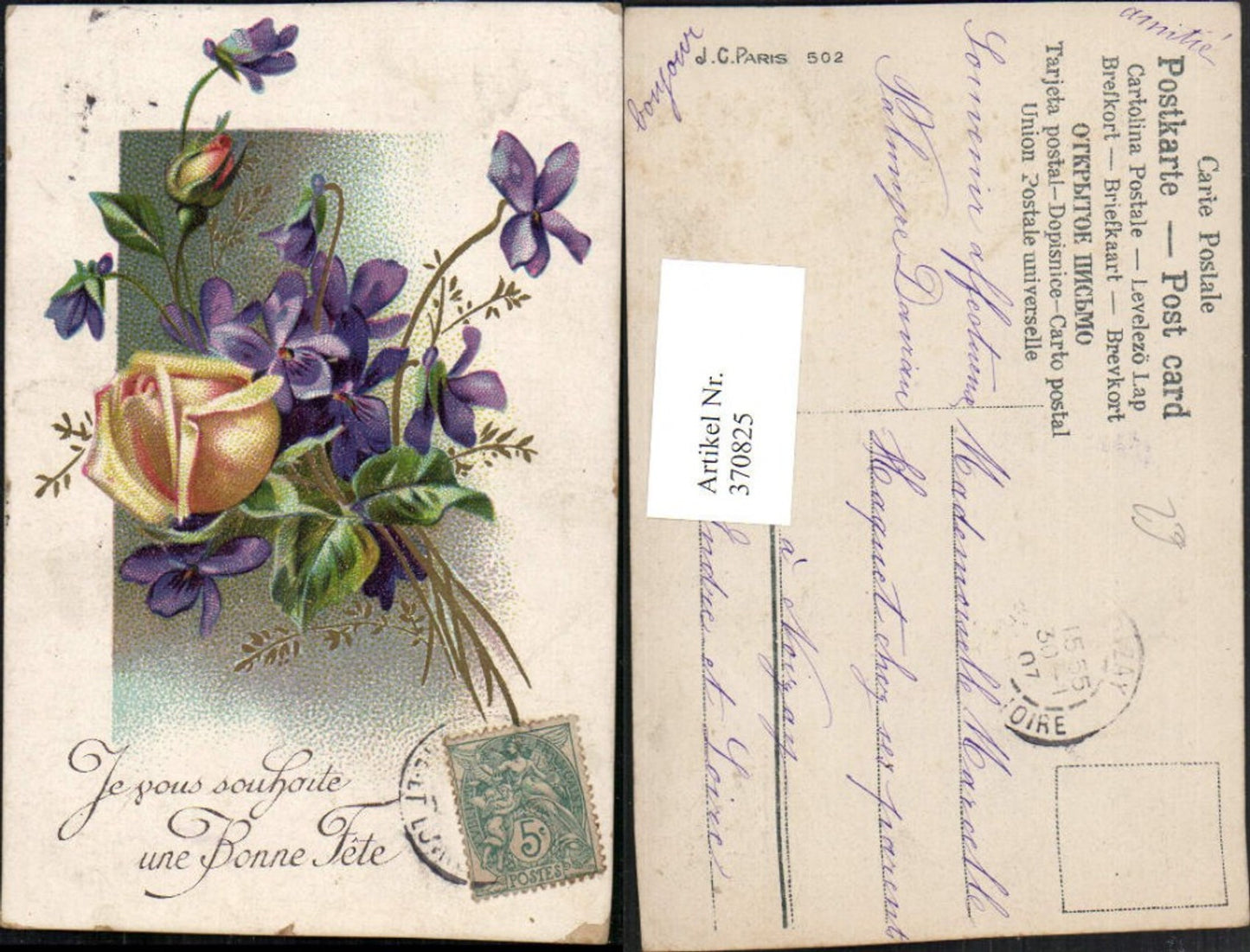 370825,Künstler AK Yeyous souhaite une Bonne Fete Blumen Rose Veilchen