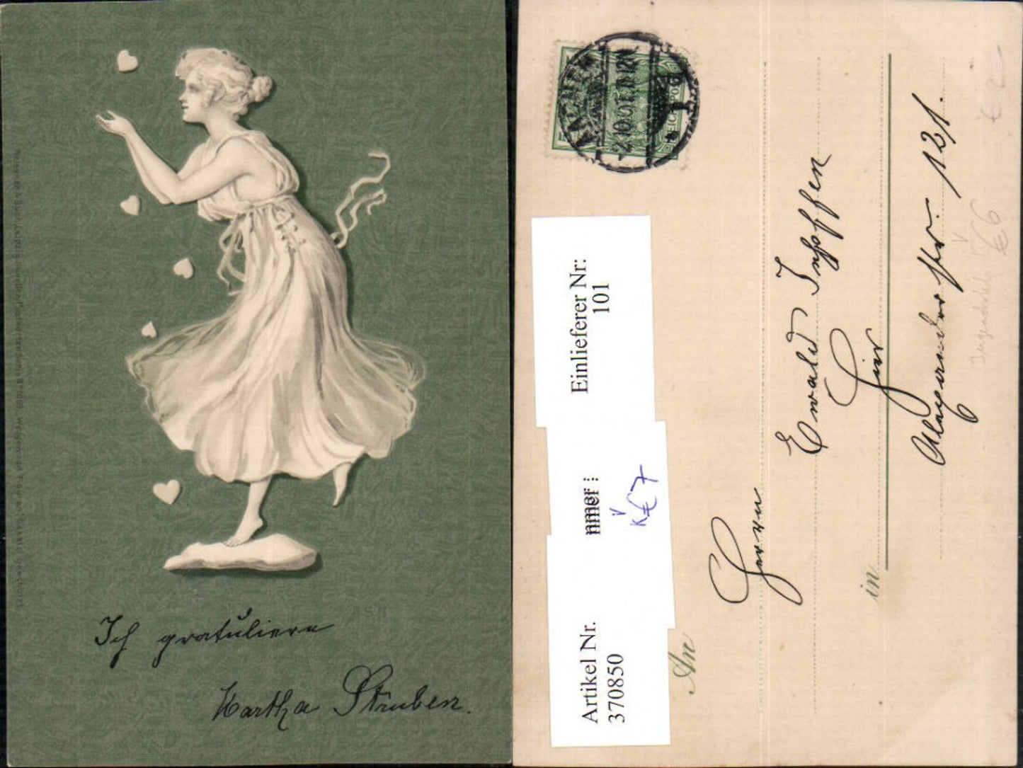 370850,Künstler AK Jugendstil Art nouveau Frau m. Kleid Herzen pub Meissner & Buch 1069