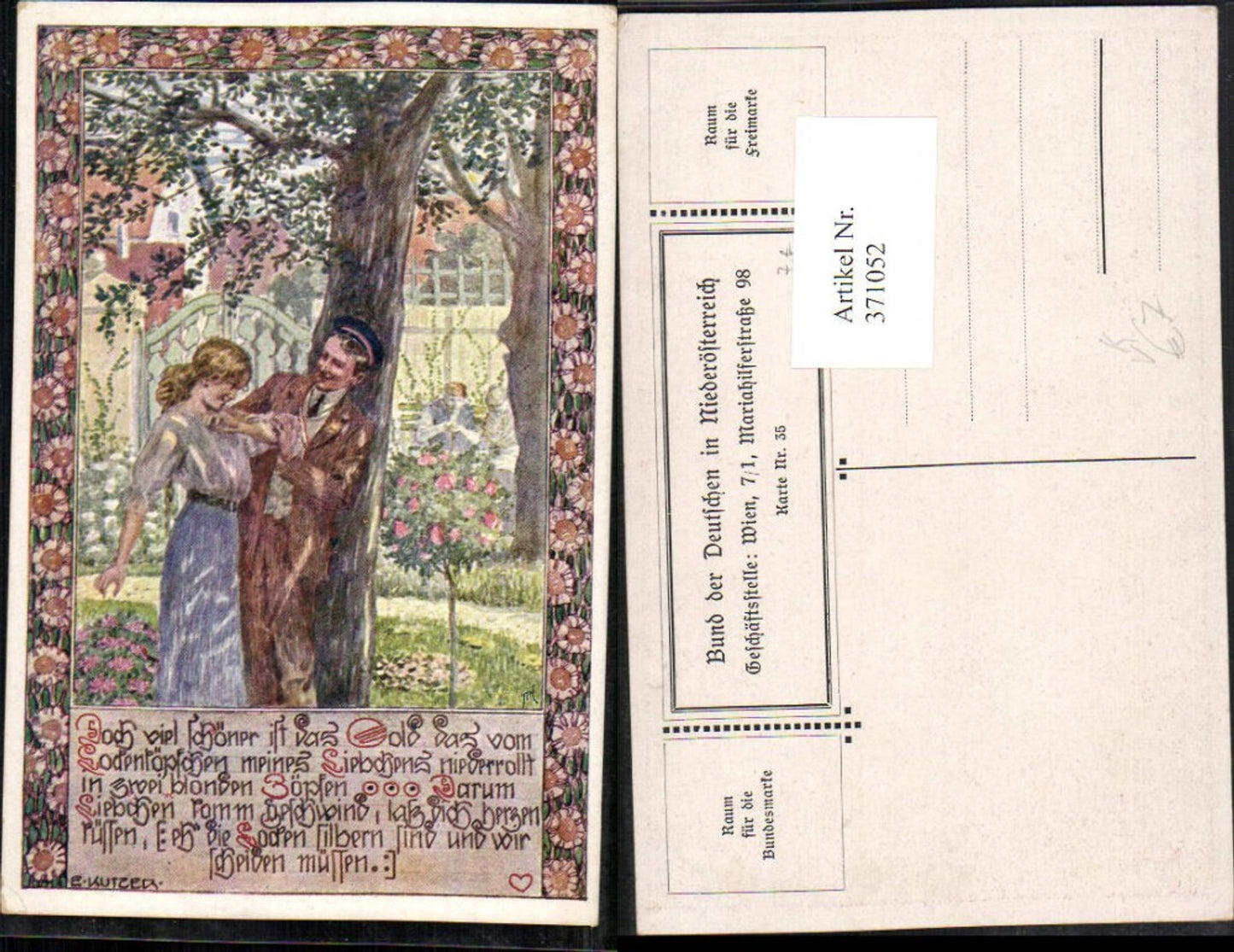 371052,Künstler AK Ernst Kutzer Paar Liebe Text pub Bund d. Deutschen in Niederösterreich 35