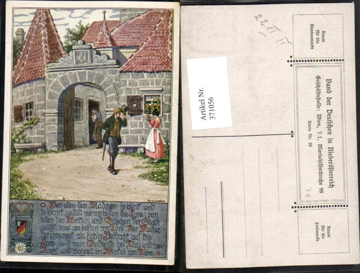 371056,Künstler AK Ernst Kutzer Stadttor Tor Text pub Bund d. Deutschen in Niederösterreich 50