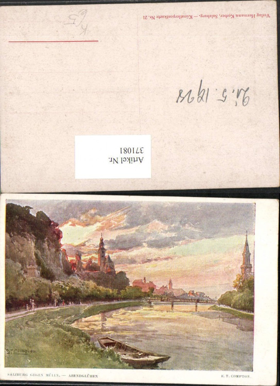 371081,Künstler AK E. T. Compton Salzburg geg. Mülln Abendglühen Fluss Brücke
