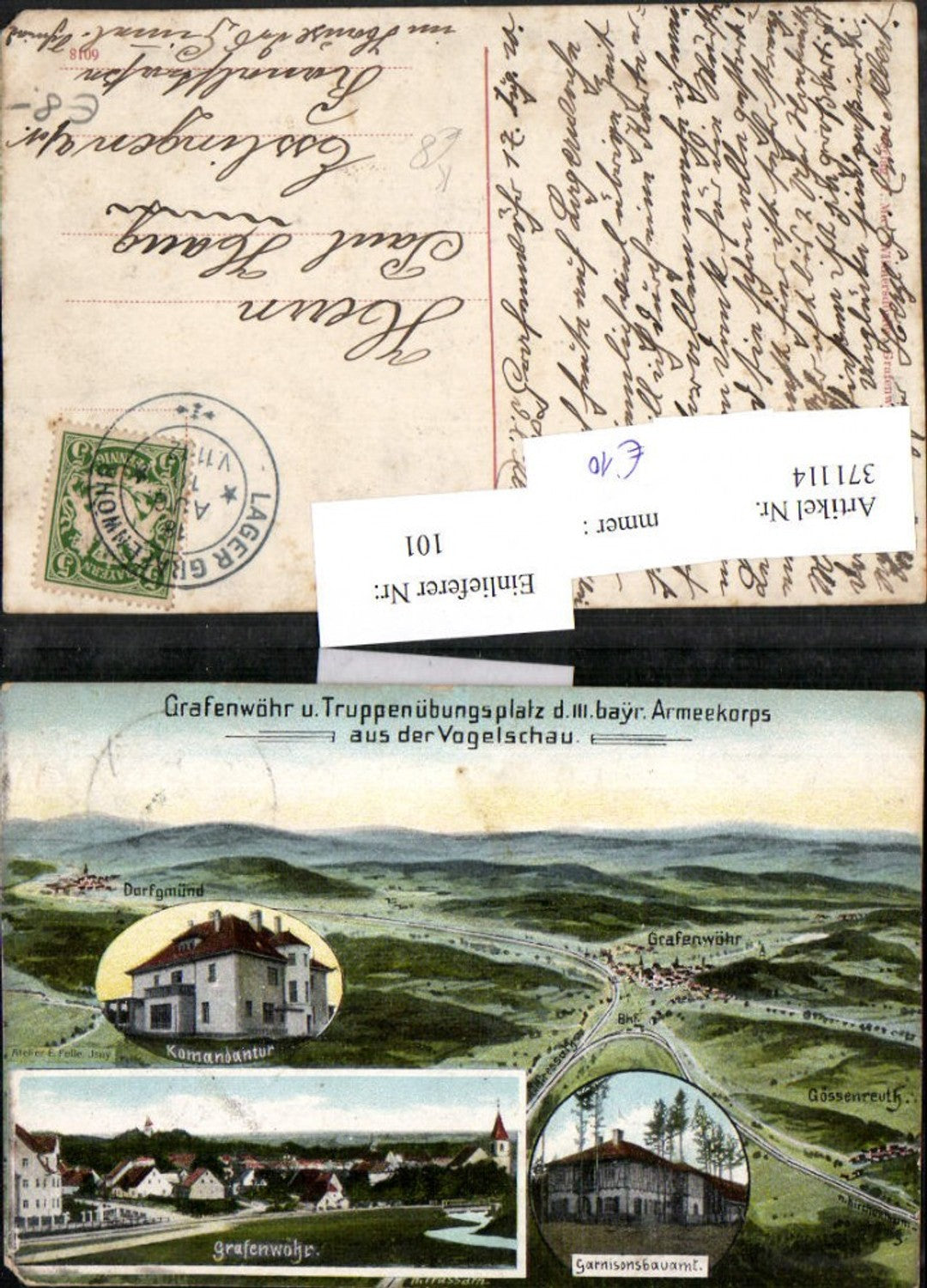 371114,Künstler AK Eugen Felle Vogelschau Grafenwöhr u. Truppenübungsplatz Armeekorps