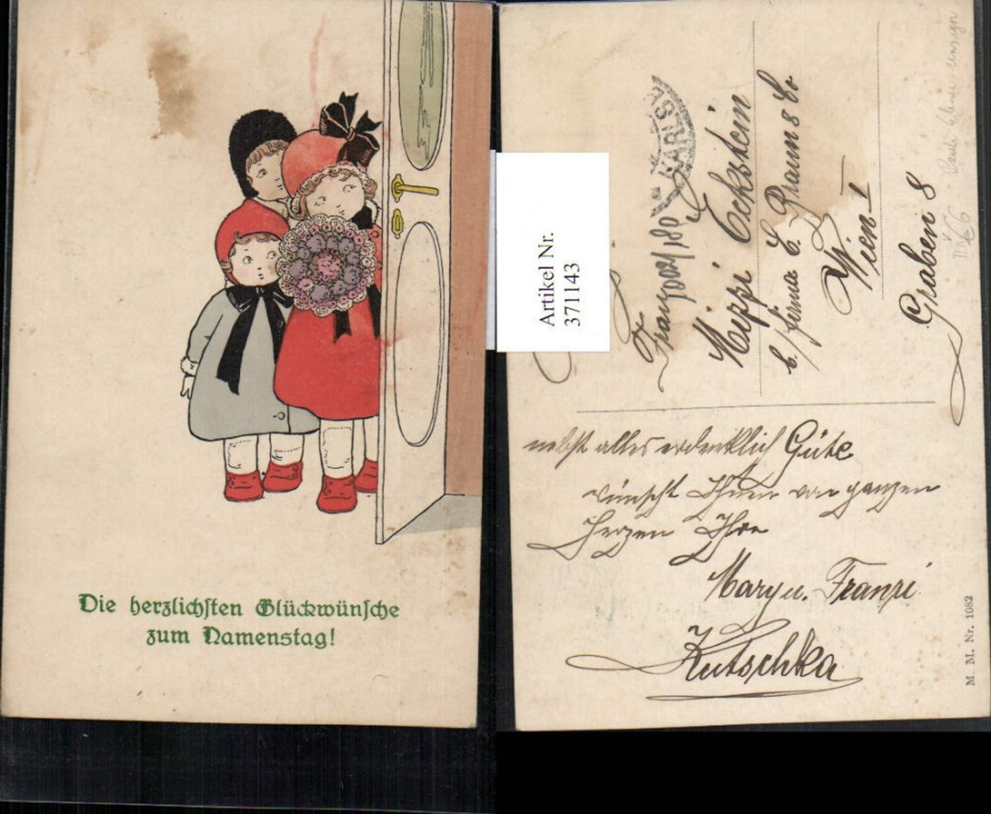 371143,Künstler AK Pauli Ebner unsign. Namenstag Kinder Blumenstrauß Tür pub M. Munk 1082