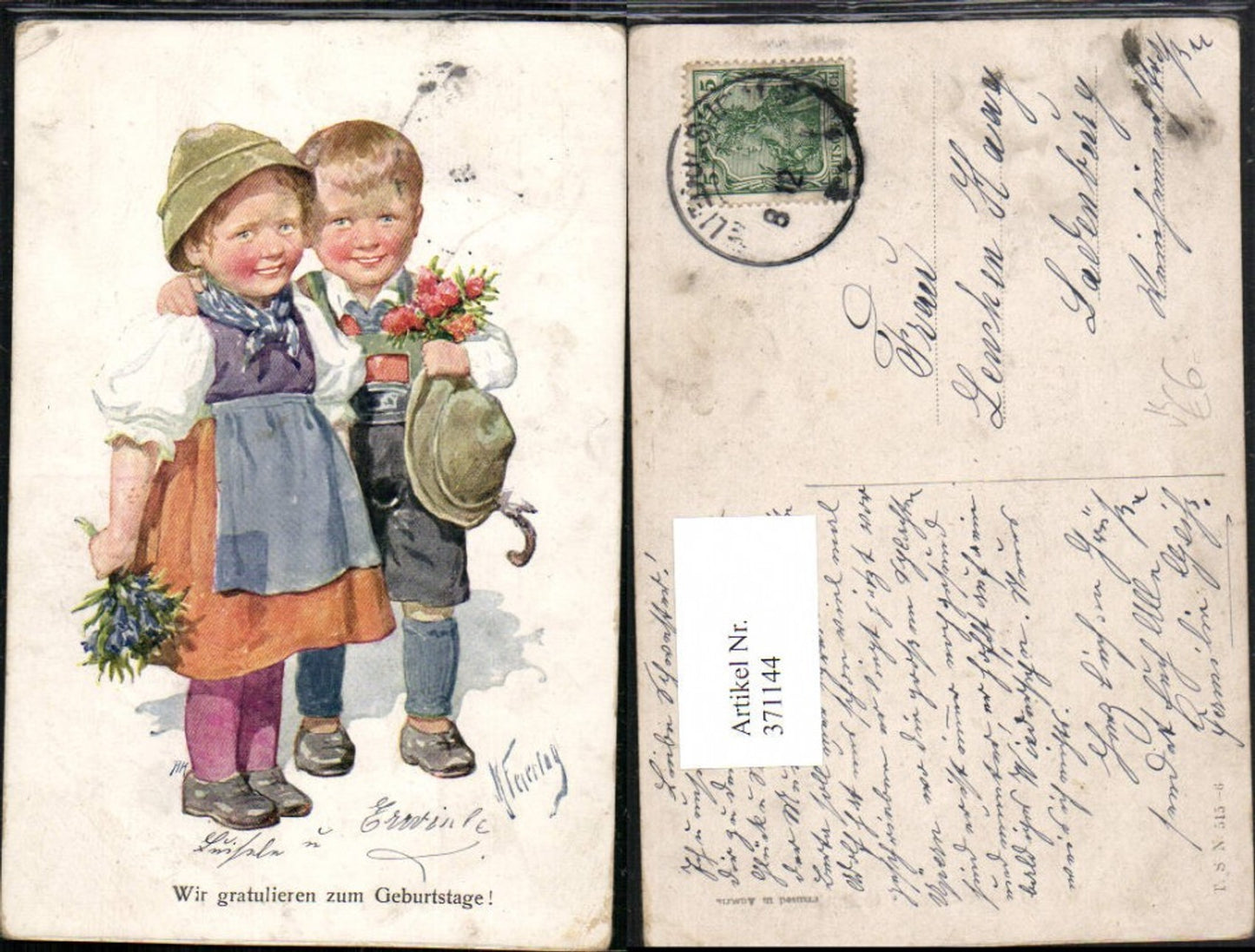 371144,Künstler AK Karl Feiertag Geburtstag Kinder Tracht Federhut Blumen pub Theo Stroefer 515/6