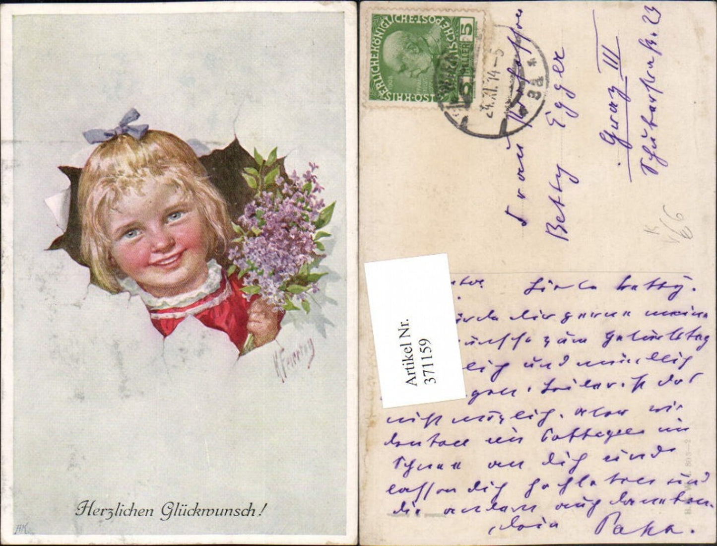 371159,Künstler AK Karl Feiertag Glückwunsch Mädchen Kopf Flieder pub B.K.W.I. 803/2
