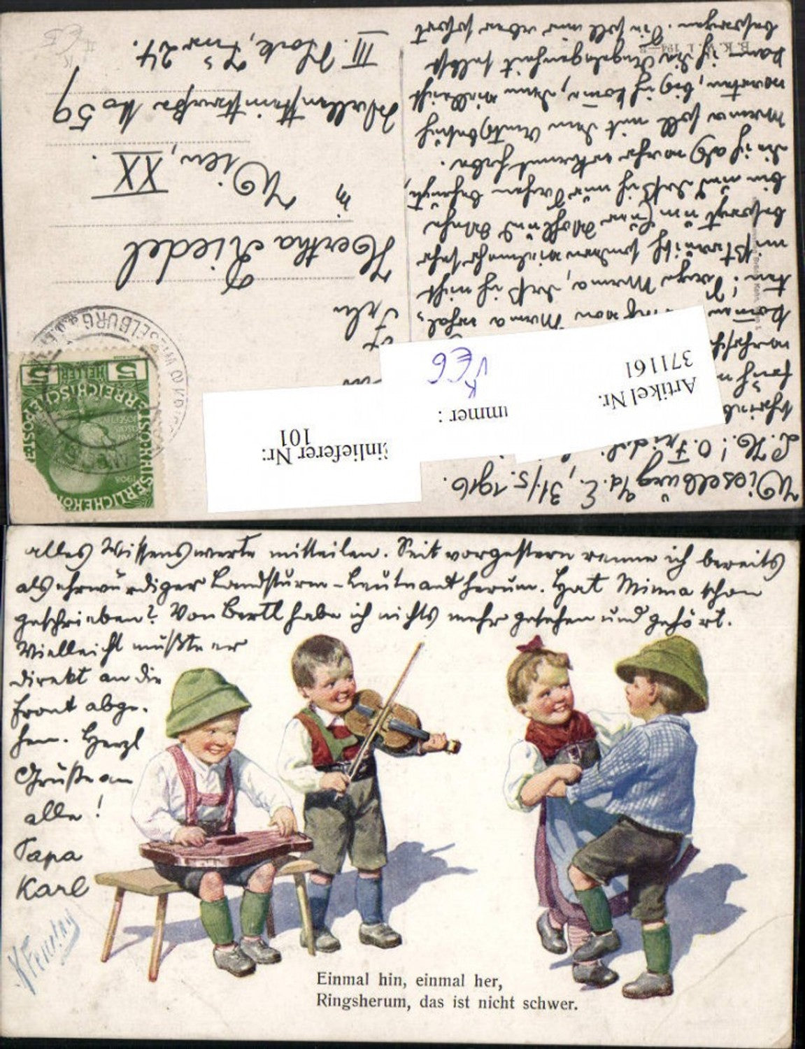 371161,Künstler AK Karl Feiertag Kinder Tracht Tanz Zither Geige pub B.K.W.I. 194/3