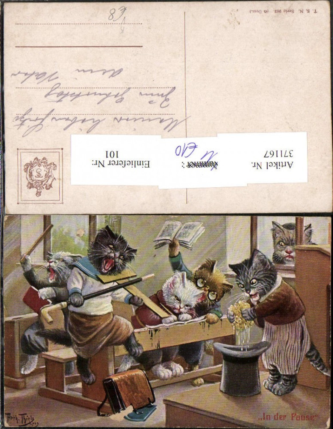 371167,Künstler AK Arthur Thiele Pause Katzen vermenschlicht Schule pub Theo Stroefer 962