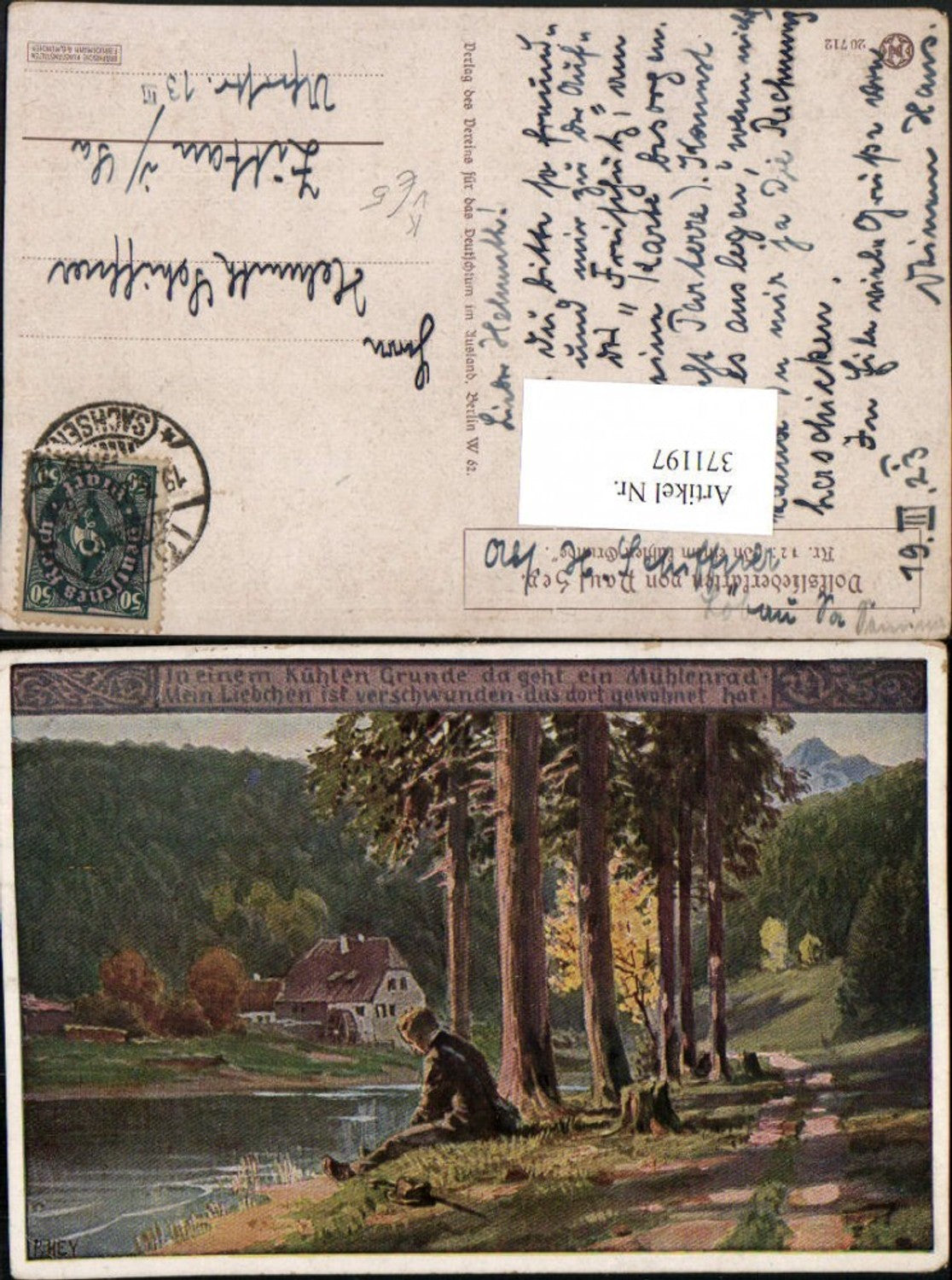 371197,Künstler AK Paul Hey Volksliedkarte 12 In einem kühlen Grunde Landschaft Mühle pub VDA