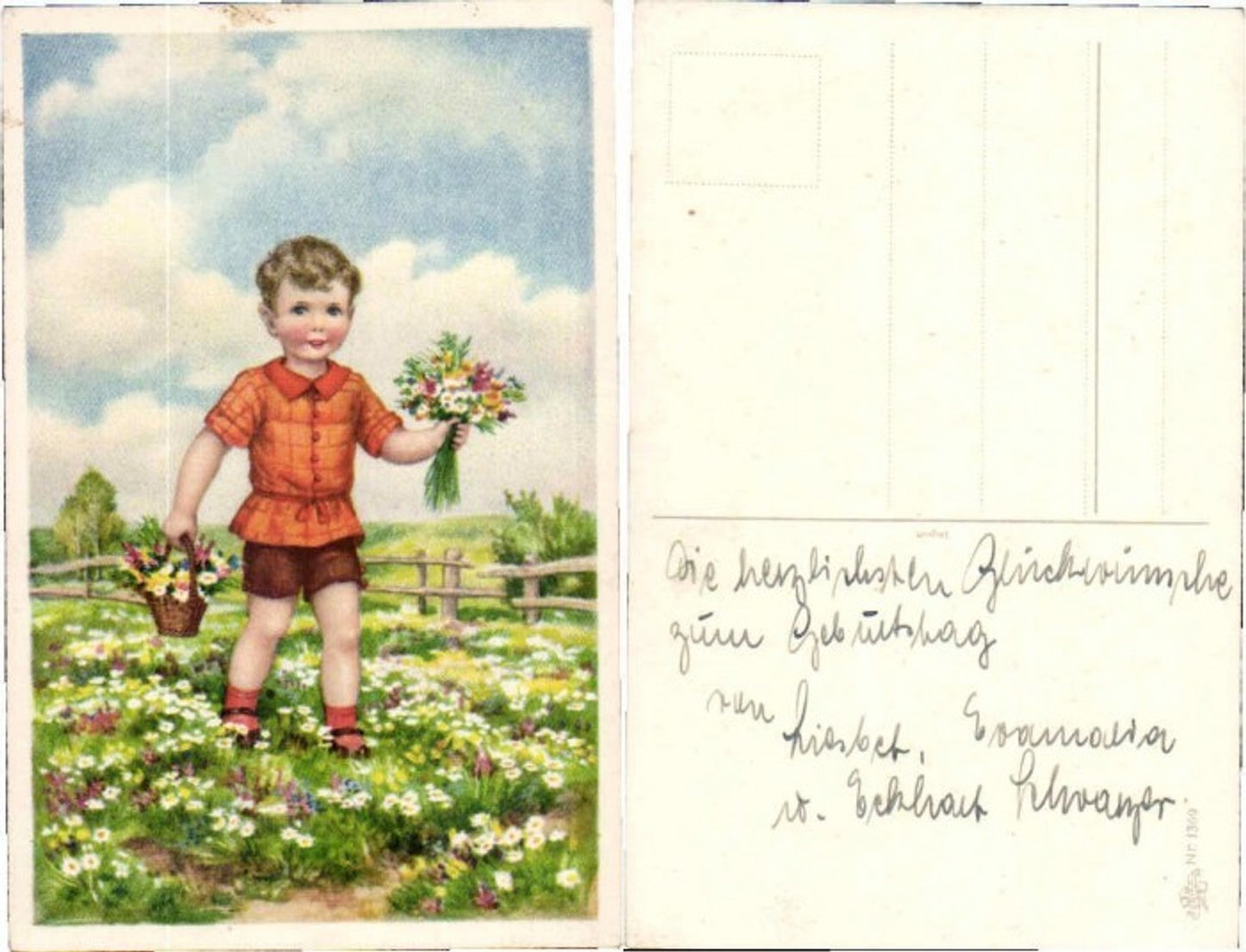 70227,Erika AK 1369 Kind Blumenstrauss Blumen Wiese