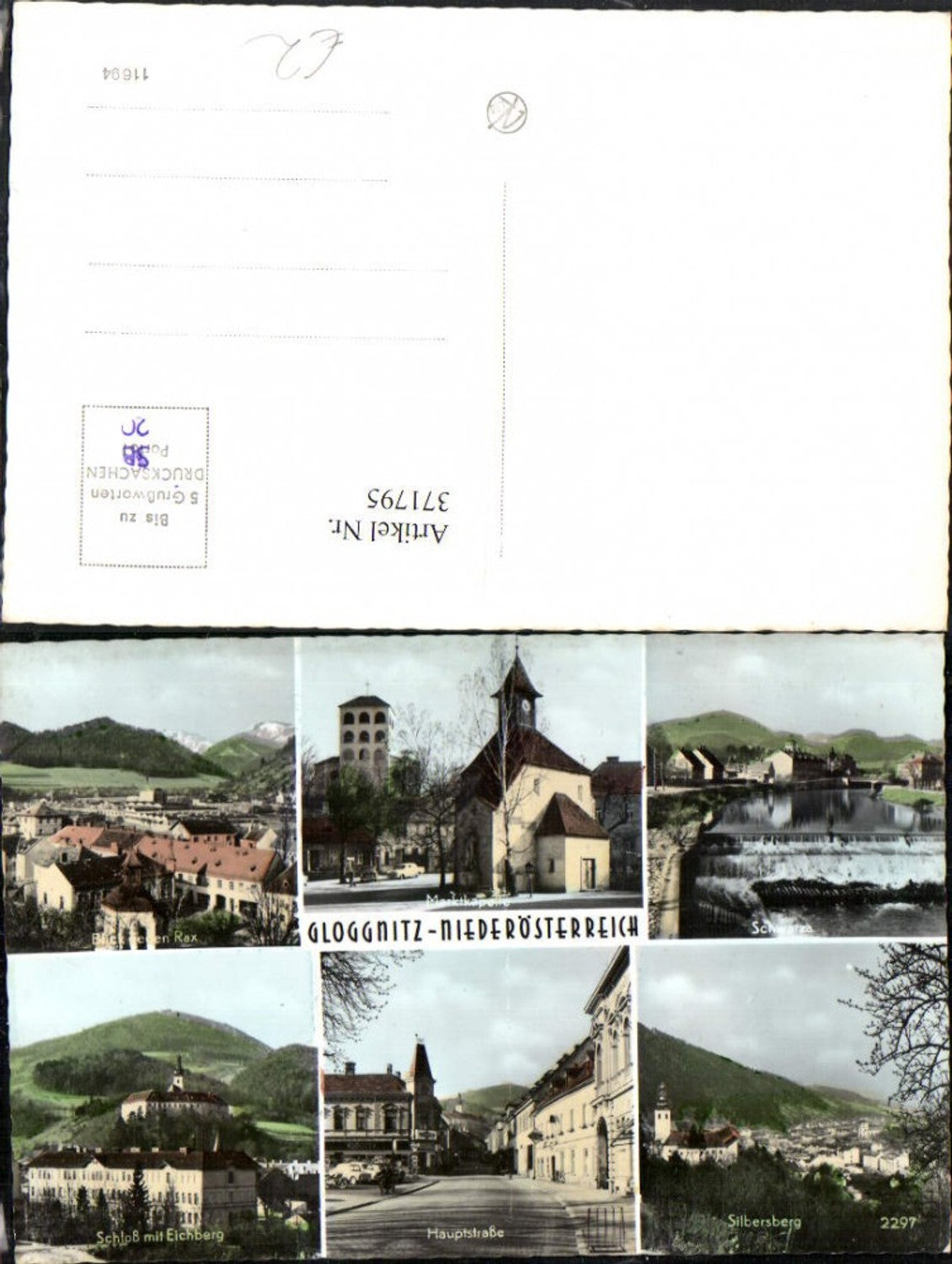 371795,Gloggnitz Totale Marktplatz Kirche Wehr Schloss Hauptstraße Mehrbildkarte