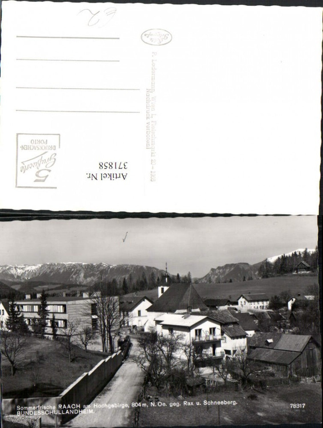 371858,Raach am Hochgebirge Bundesschullandheim Kirche geg. Rax u. Schneeberg Bergkulisse