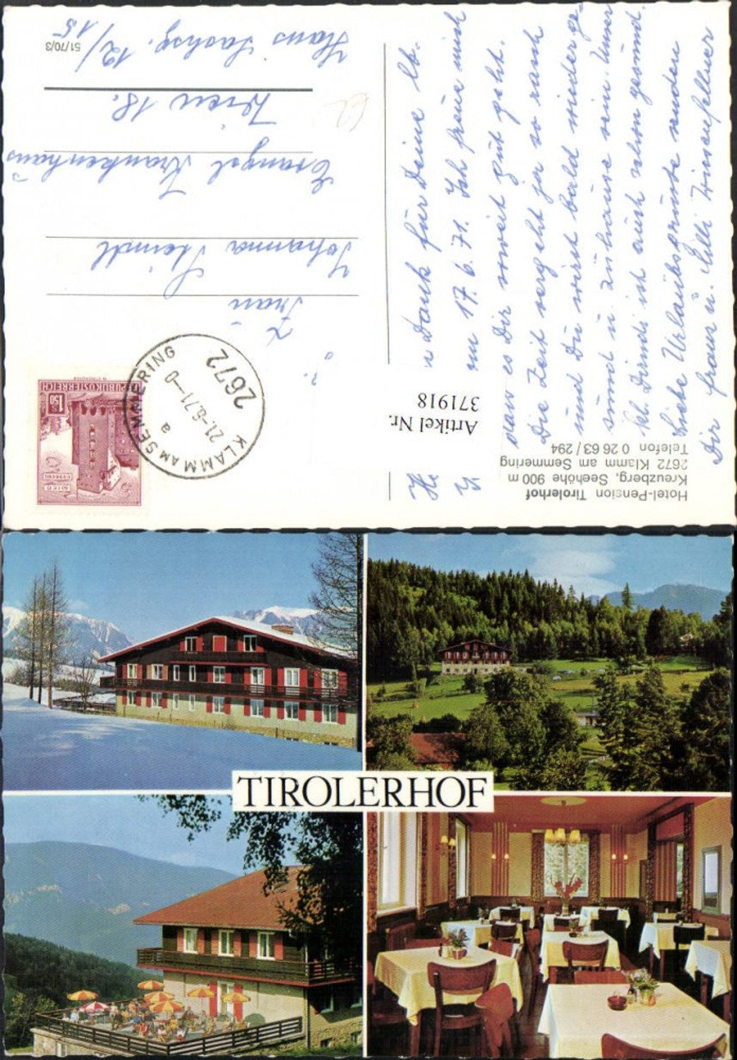 371918,Klamm am Semmering Hotel Pension Tirolerhof am Kreuzberg Mehrbildkarte