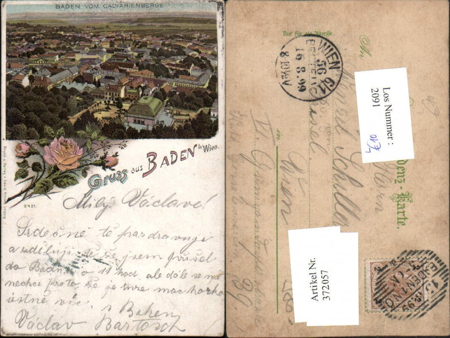 372057,Litho Gruß aus Baden b. Wien vom Kalvarienberg Totale