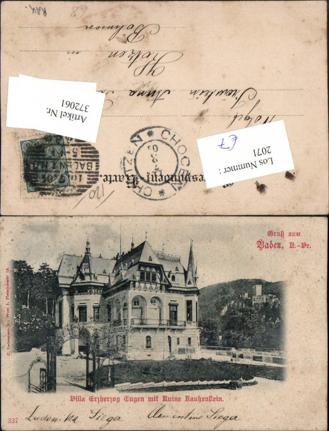 372061,Gruß aus Baden Villa Erzherzog Eugen m. Ruine Rauhenstein