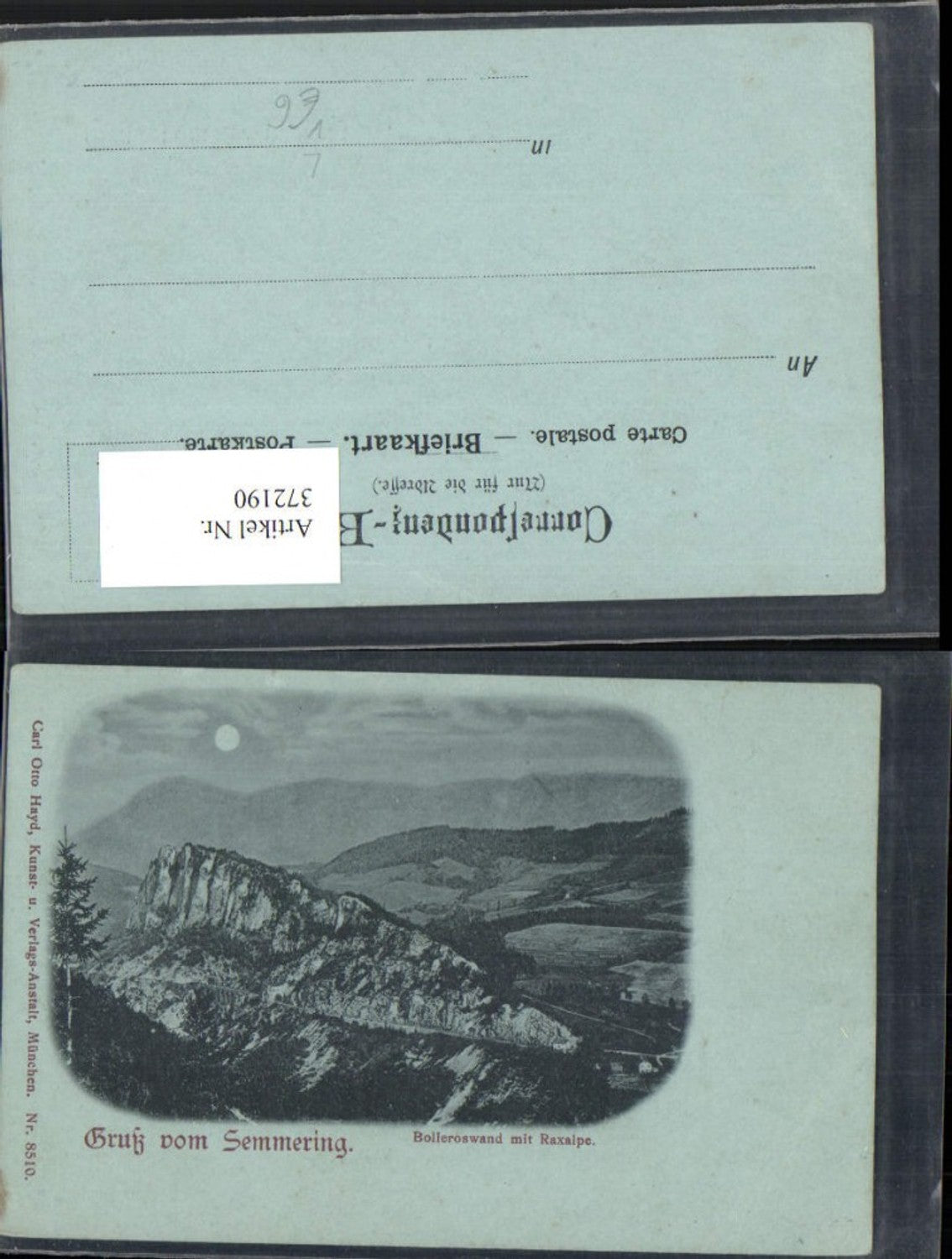 372190,Mond Litho Gruß vom Semmering Polleroswand m. Raxalpe pub Carl Otto Hayd 8510