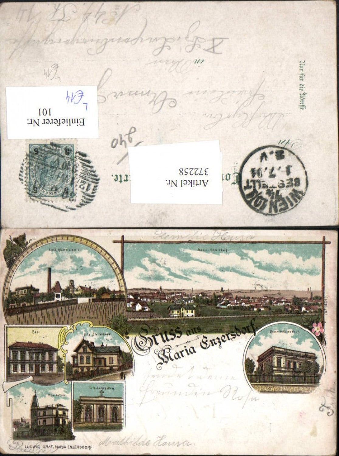 372258,Litho Gruß aus Maria Enzersdorf Totale Fabrik Riemerschmid Villa Bad Mehrbildkarte