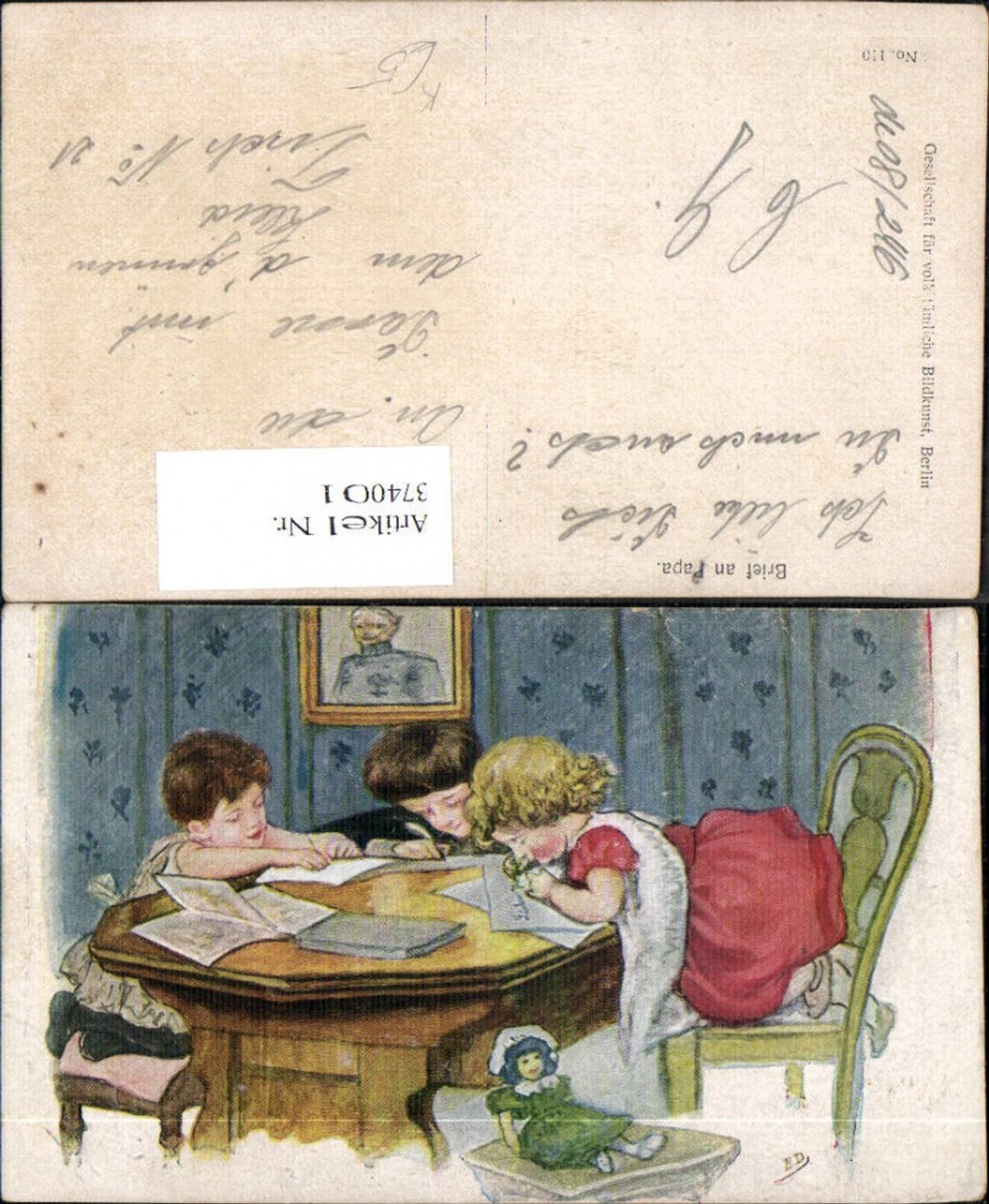 374001,Künstler Ak Kinder b. Schreiben Brief an Papa Puppe