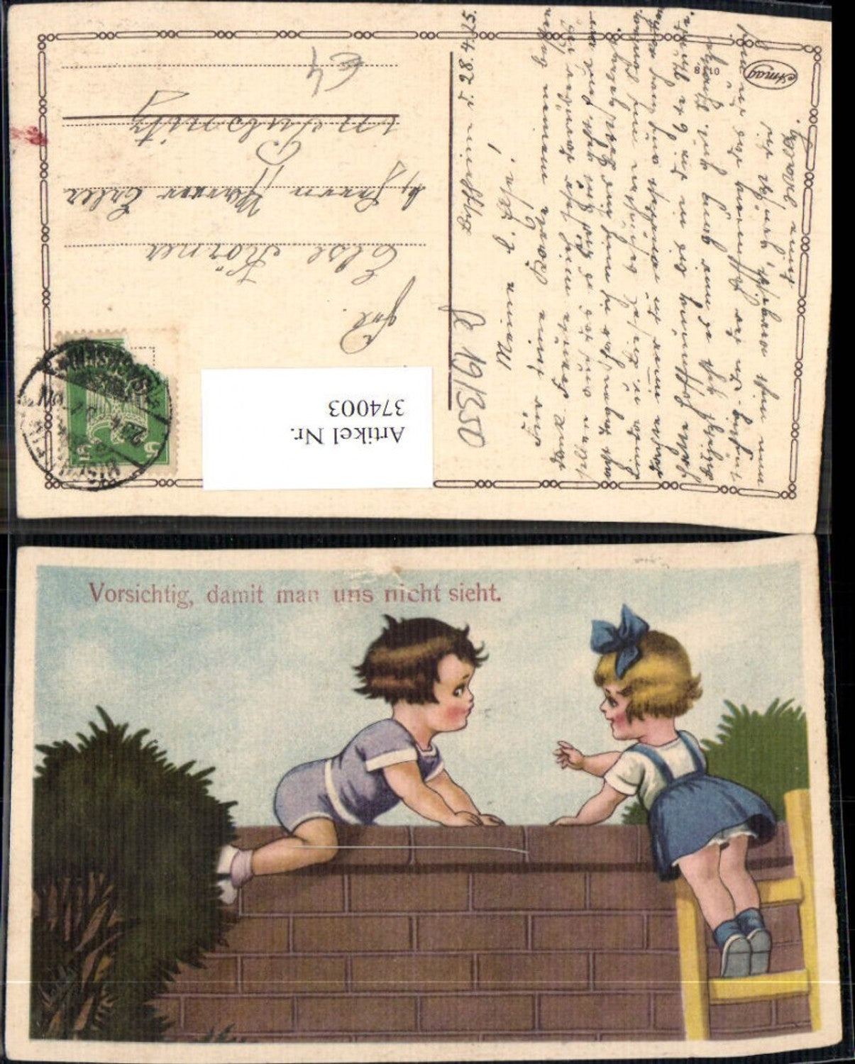 374003,Künstler Ak Kinder a. Steinmauer Leiter Vorsichtig