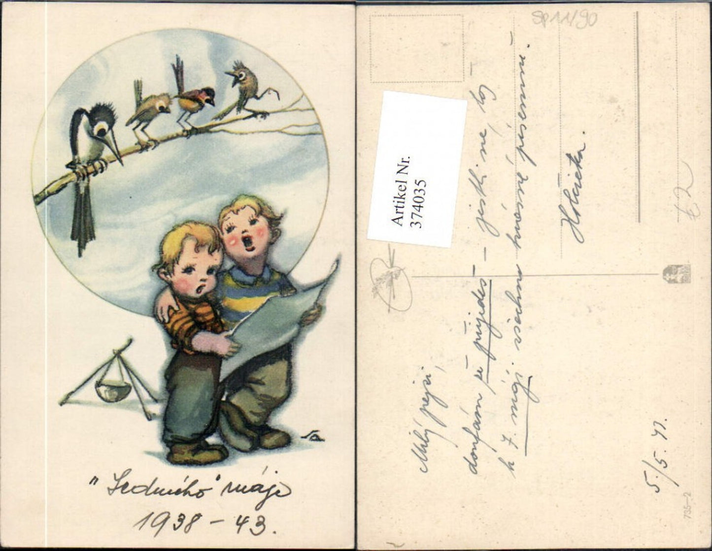 374035,Künstler Ak Kinder Singen Vögel a. Ast