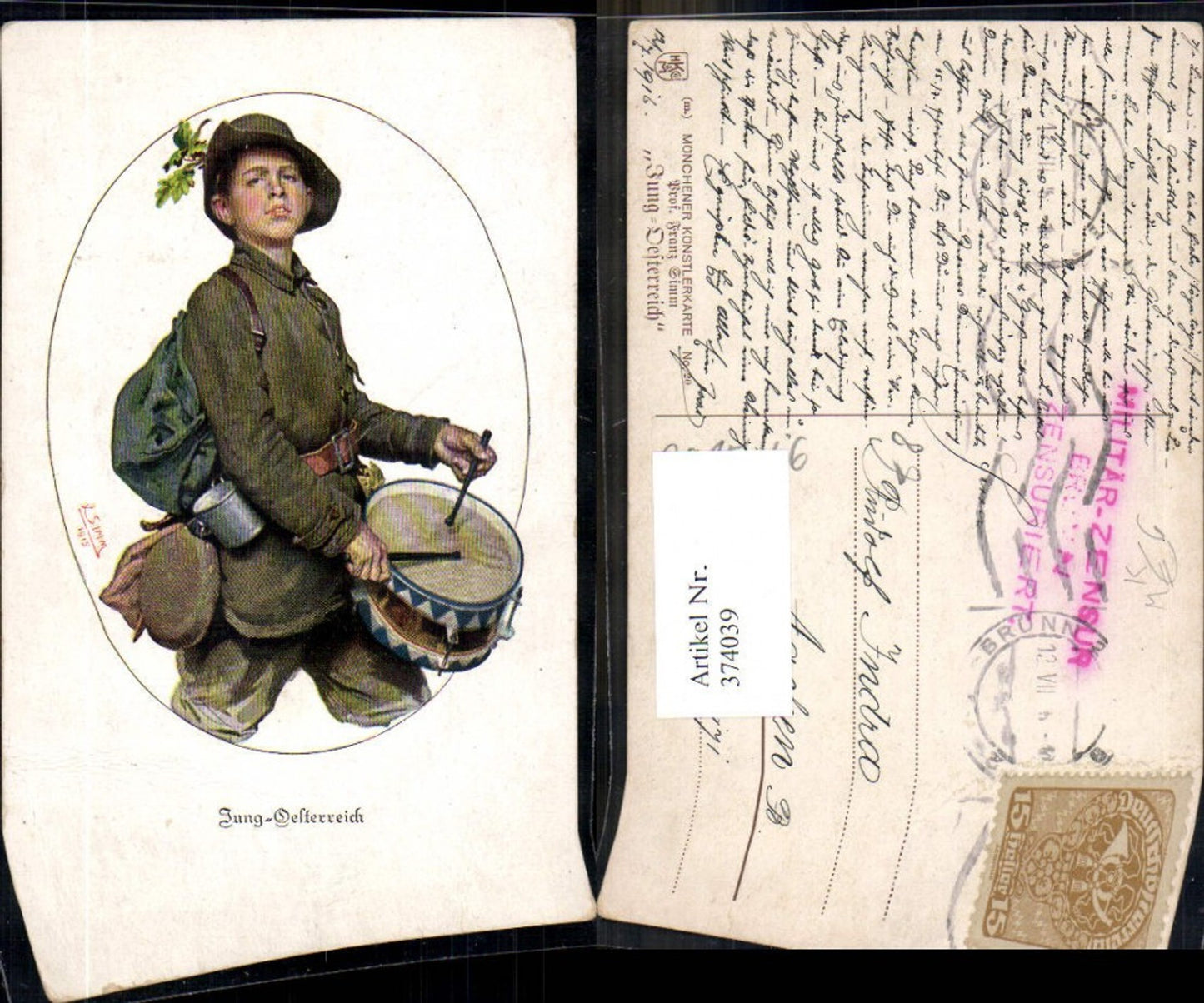 374039,Künstler Ak Franz Simm Kind Bub Junge Soldat m. Trommel Jung-Österreich