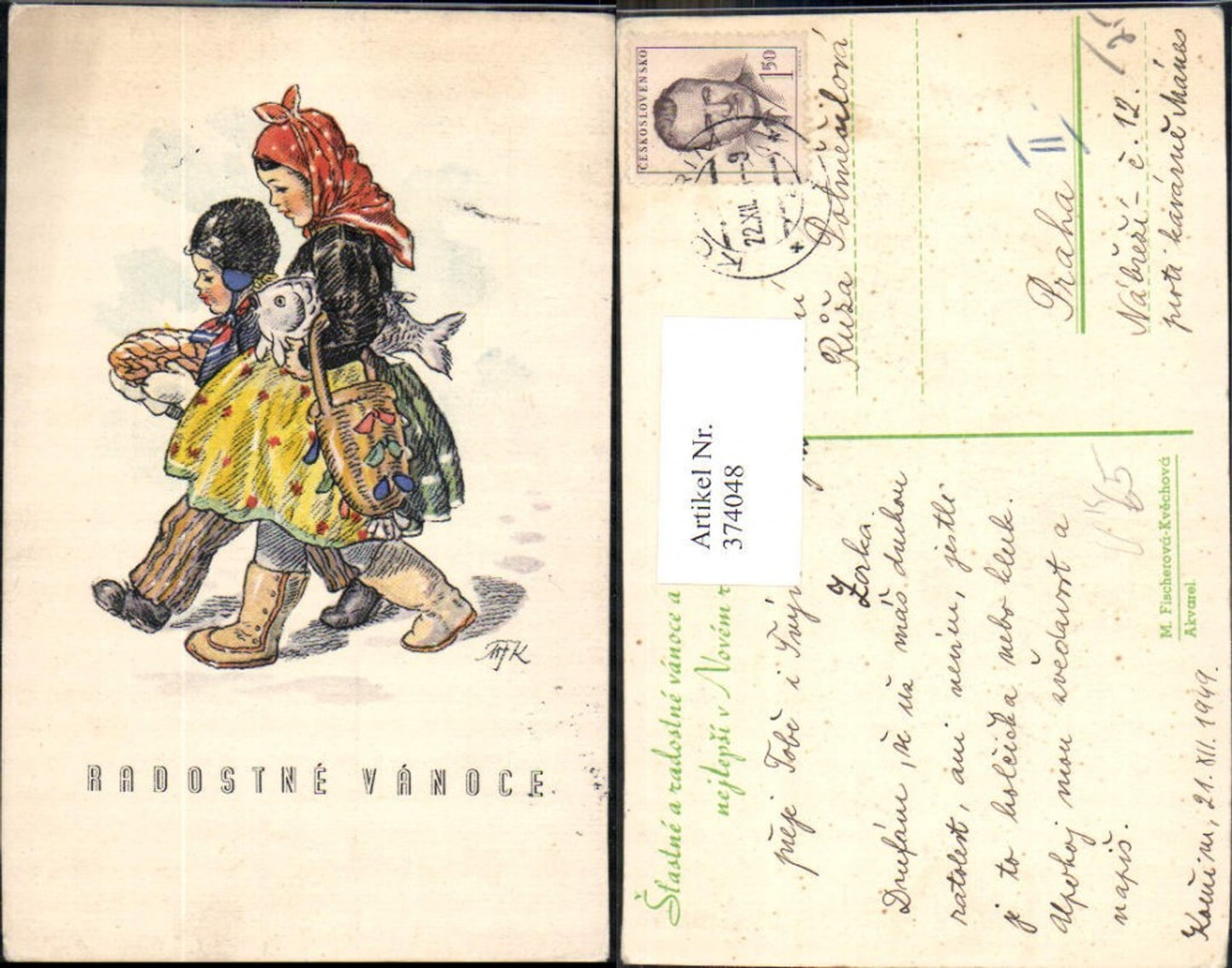 374048,Künstler Ak M. Fischerova-Kvechova Kinder Tracht m. Fisch Korb Radostne Vanoce