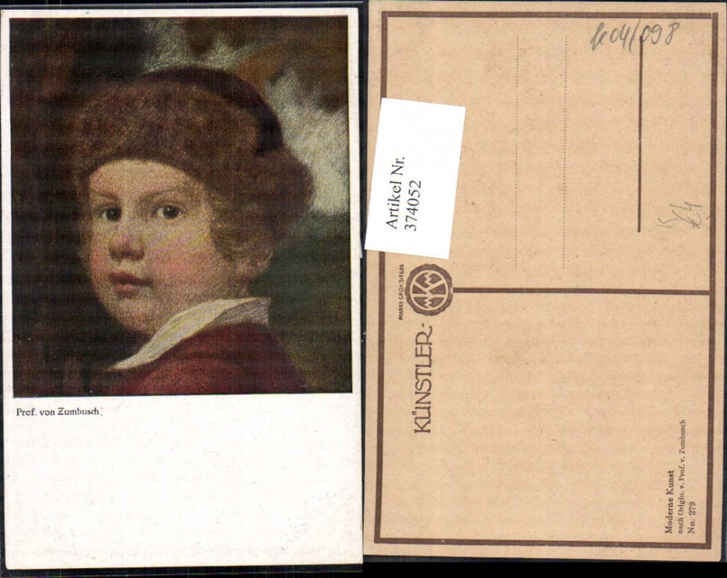 374052,Künstler Ak Prof. v. Zumbusch Kind Bub Junge Hut Portrait