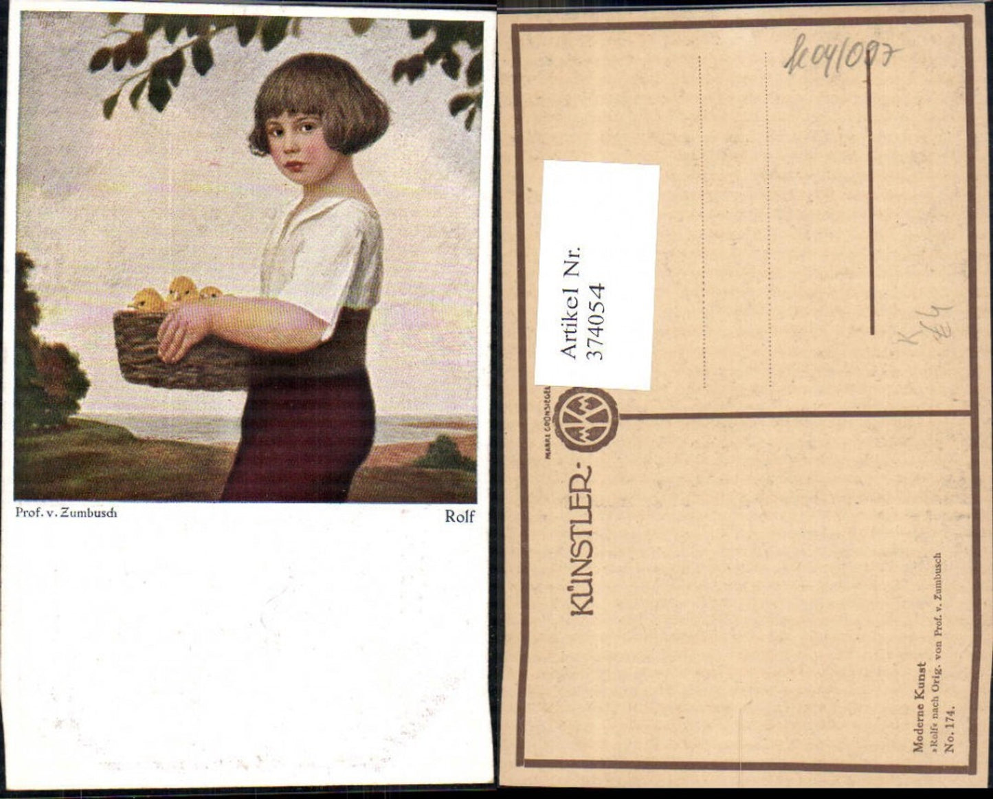 374054,Künstler Ak Prof. v. Zumbusch Rolf Kind Bub Junge m. Korb Küken