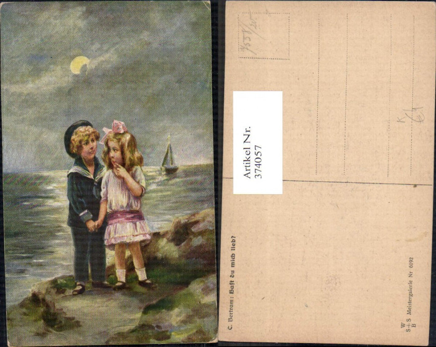 374057,Künstler Ak C. Bertram Hast du mich lieb Kinder Uniform Matrosenanzug Schiff Mondschein
